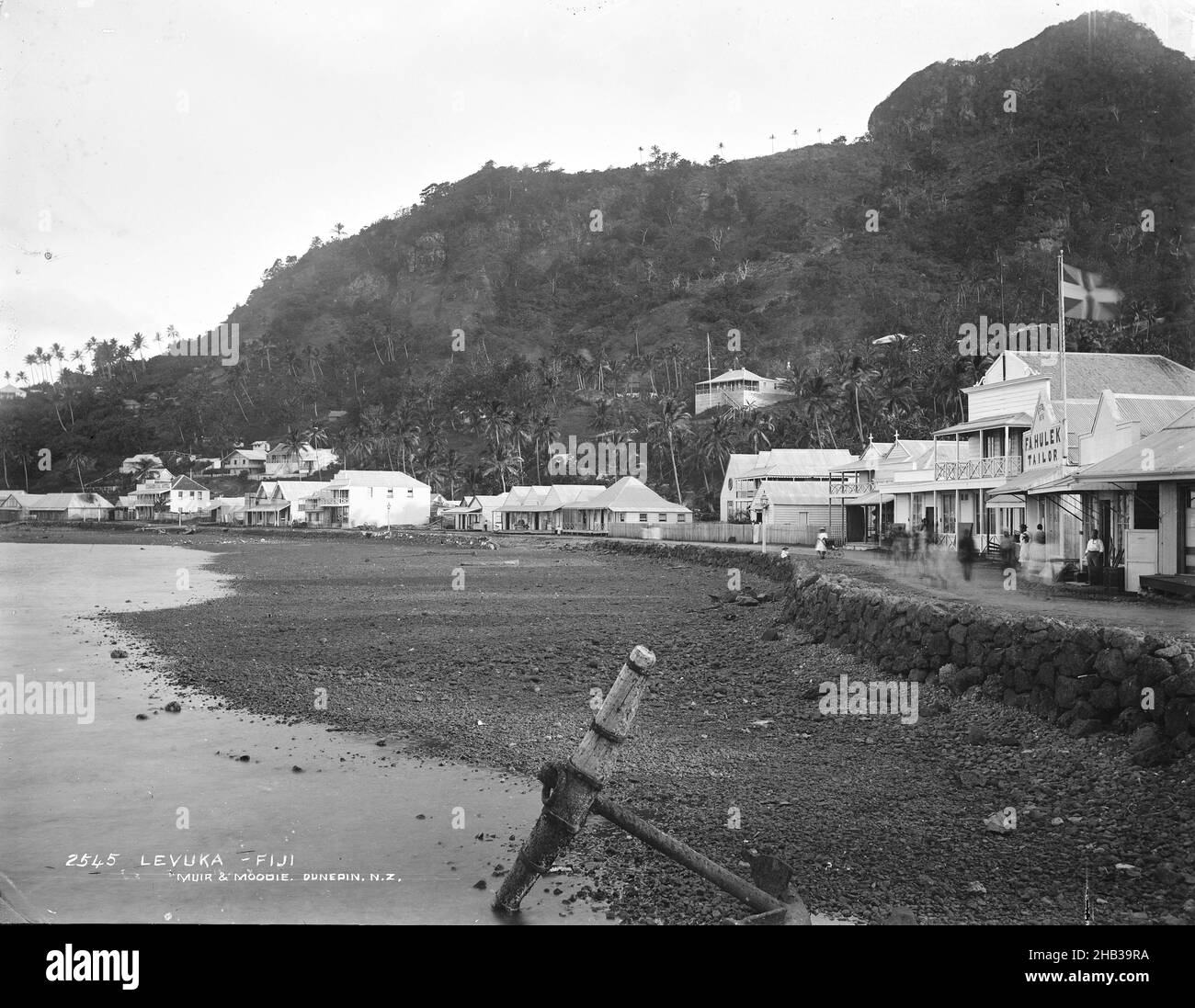 Levuka, Fiji, studio Burton Brothers, studio fotografico, 14 luglio 1884, Nuova Zelanda, fotografia in bianco e nero, Township sulla costa, ripida collina direttamente dietro coperto di fogliame tropicale. A destra l'Union Jack sta volando (fuori fuoco). Una casa è accoccolata sopra le altre sulla collina. In primo piano è visibile una grande ancora, la marea è fuori e un muro di pietra mare è anche visibile Foto Stock