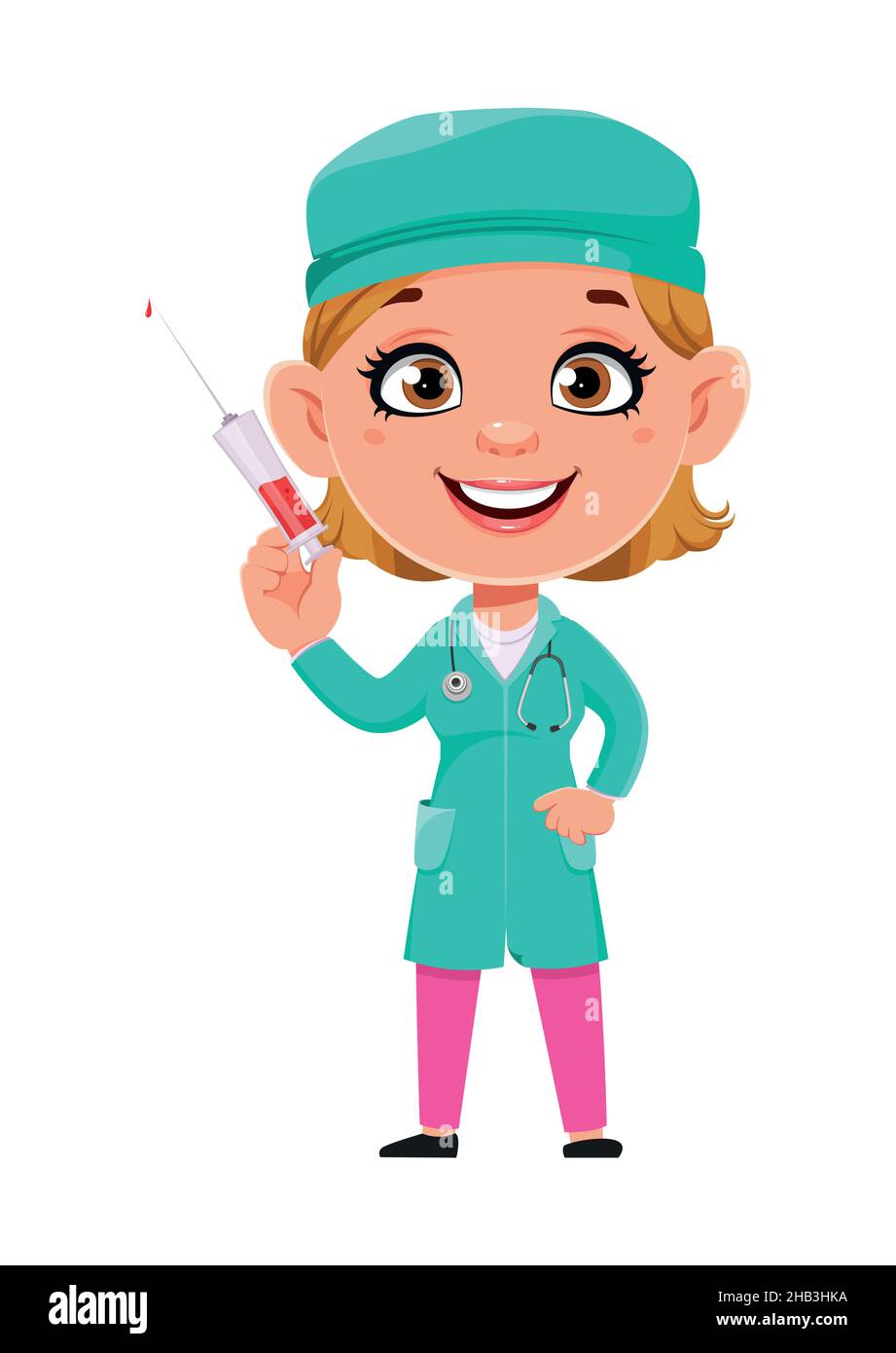 Dottore donna personaggio cartone animato. Bella siringa di presa medico  femminile. Illustrazione del vettore di scorta su sfondo bianco Immagine e  Vettoriale - Alamy