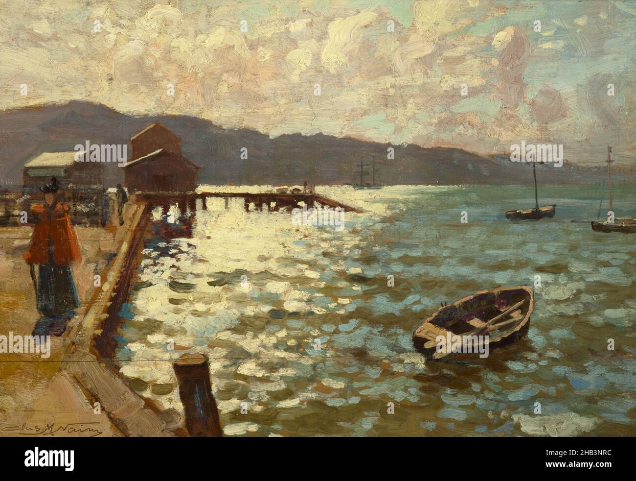 Wellington Harbor, James Nairn, artist, 1894, Wellington, Wellington Harbour fu un soggetto preferito dall'artista James M Nairn, uno che esplorò ripetutamente dal 1891after si stabilì a Wellington. Uno dei suoi interessi primari era quello degli effetti della luce sulla superficie dell'acqua. Per catturare questo, i colori inmescolati e riutilizzati applicati con le lenti pennellate, che si agitavano, caratteristiche dei pittori impressionisti Foto Stock