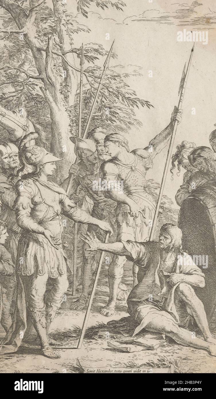 Diogenes e Alexander, Salvator Rosa, artista, 1662, Italia, Acquaforte, anche se famosa e influente come pittore di paesaggi infestanti e aspre che lo fanno considerare come un 'romantico' quasi 200 anni prima del suo tempo, Salvator Rosa era anche un importante etcher. Si tratta di un argomento ambizioso per un attacco e sarebbe altrettanto appropriato come un quadro più ampio di "genere storico". Come la sua 'altra metà', Alexander e Abelles Foto Stock