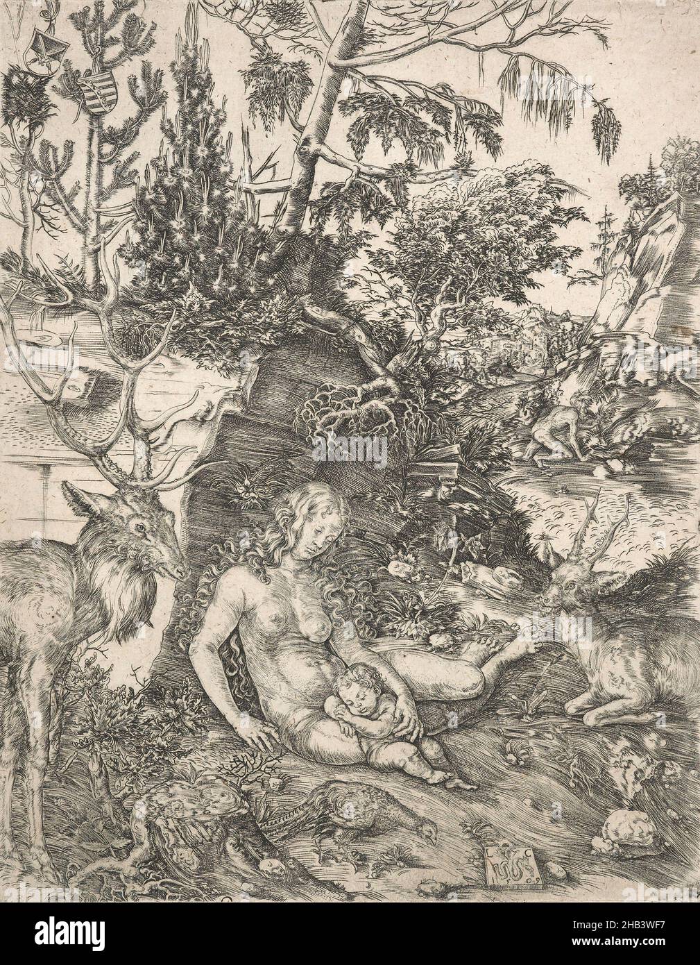 La penitenza di San Giovanni Crisostomo., Lucas Cranach il Vecchio, artista, 1509, Germania, incisione, Lucas Cranach (1472-1553) potrebbe aver inventato il ritratto a tutta lunghezza. Cranach servì da pittore alla corte di Federico il saggio di Sassonia a Wittenberg, dove si specializzò in ritratti con composizioni audaci e colori forti. Era anche responsabile di schemi decorativi intorno al tribunale, così come per tornei e celebrazioni, le notevoli richieste di questo lavoro lo hanno portato ad aprire un laboratorio Foto Stock