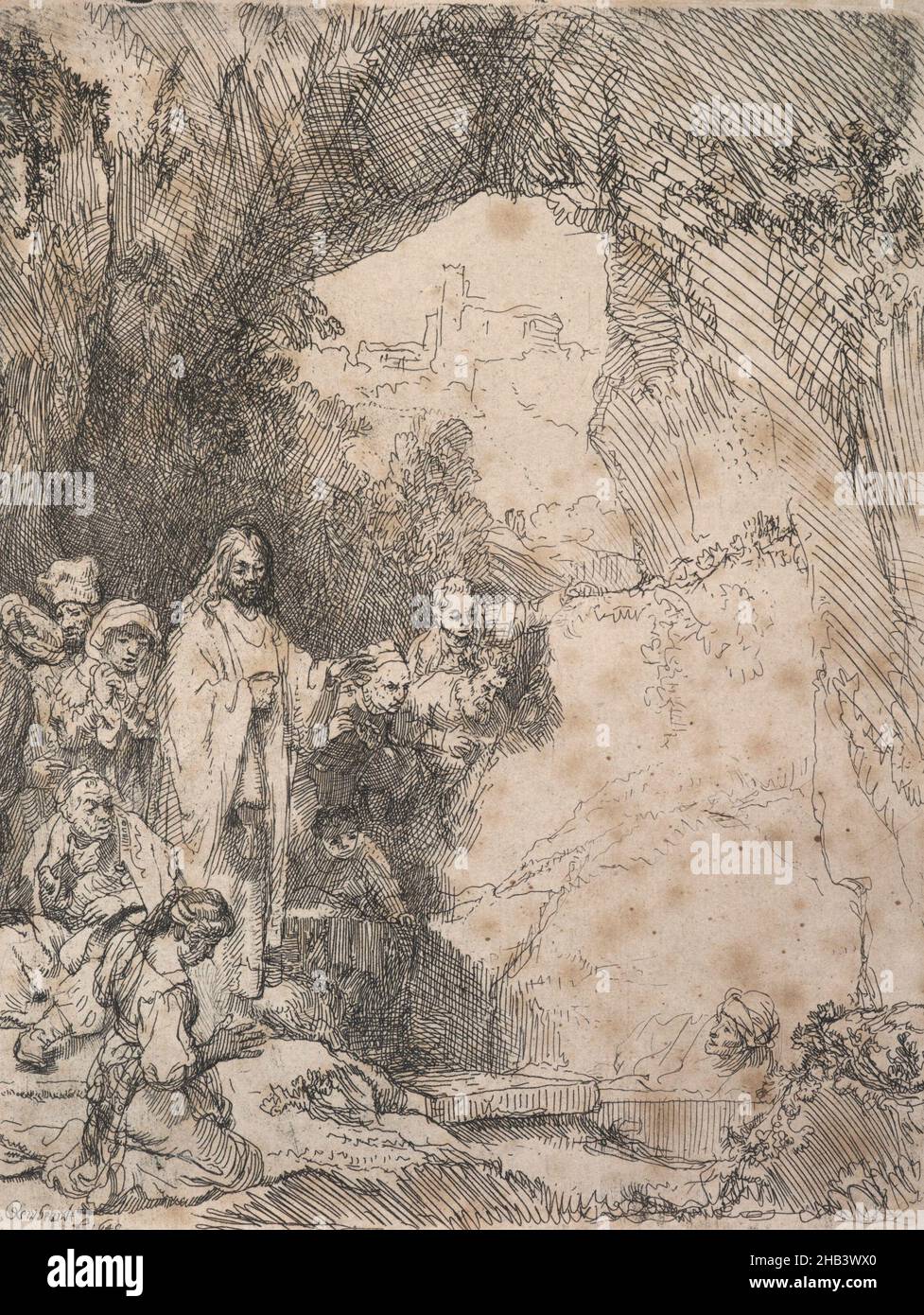 L'allevamento di Lazarus: Piccolo piatto., Rembrandt van Rijn, artista, 1642, Paesi Bassi, Etching, durante la sua vita, le straordinarie capacità di Rembrandt come tipografo sono state la fonte principale della sua fama internazionale. A differenza dei suoi dipinti ad olio, le stampe viaggiavano leggere ed erano relativamente economiche. Per questo motivo, presto divennero molto popolari tra i collezionisti non solo all'interno, ma anche al di là dei confini dei Paesi Bassi, e spiega anche perché, tre secoli dopo, erano accessibili per il collezionista e filantropo Wellington Sir John Ilott Foto Stock