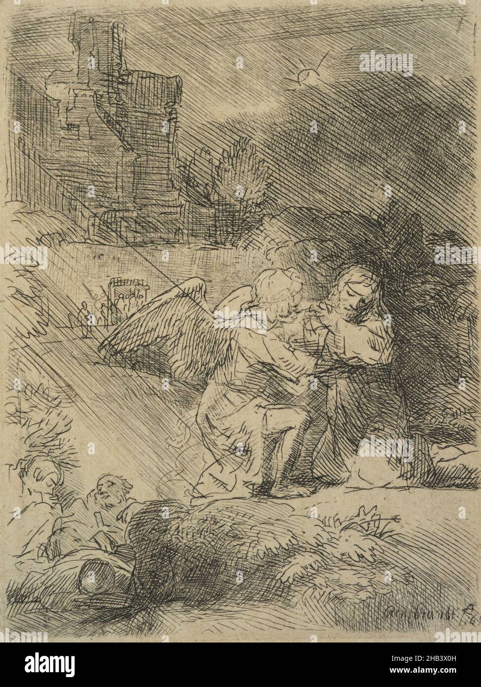 L'agonia nel giardino., Rembrandt van Rijn, circa 1652, incisione, durante la sua vita, Le straordinarie capacità di Rembrandt come tipografo sono state la fonte principale della sua fama internazionale. A differenza dei suoi dipinti ad olio, le stampe viaggiavano leggere ed erano relativamente economiche. Per questo motivo, presto divennero molto popolari tra i collezionisti non solo all'interno, ma anche al di là dei confini dei Paesi Bassi. Foto Stock