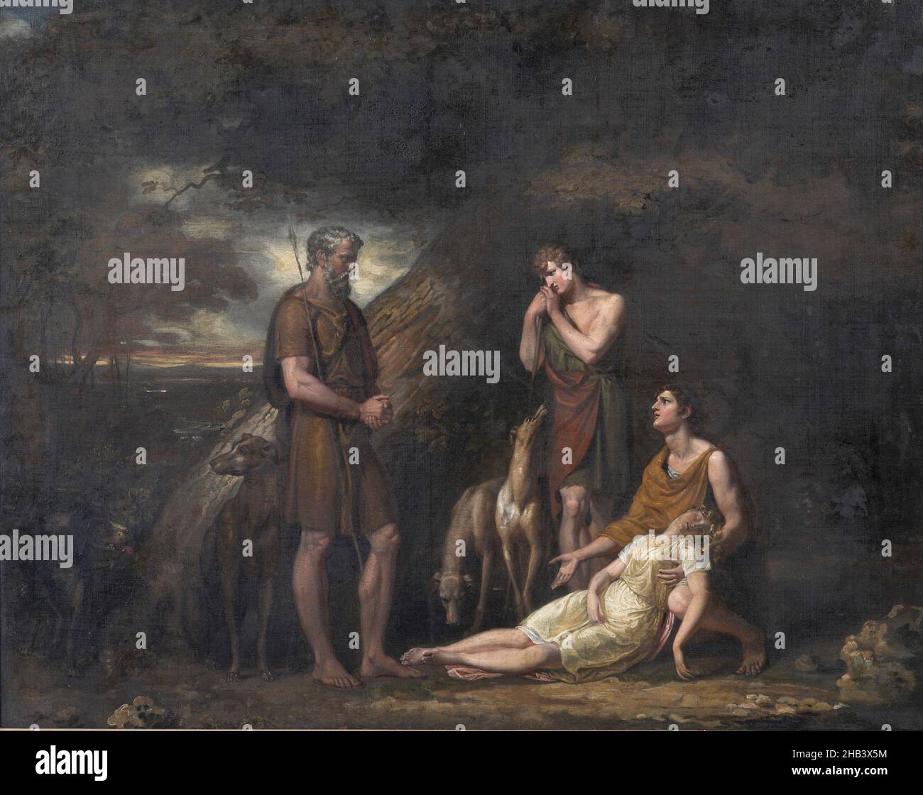 Imogen trovato nella grotta di Belarius, George Dawe, artista, 1808, il periodo tra gli anni di William Hogarth (1697-1764) e George Dawe (1781-1829) sono stati attivi è stato chiamato il ‘fenomeno Shakespeare’, durante il quale il drammaturgo trionfò sui suoi pari come il grande scrittore nazionale. Alla fine del 18th secolo, una commedia su sei eseguita a Londra fu di William Shakespeare, fu tradotto in francese e tedesco, diventando poco meno del poeta e bardo nazionale tedesco della Germania. Foto Stock