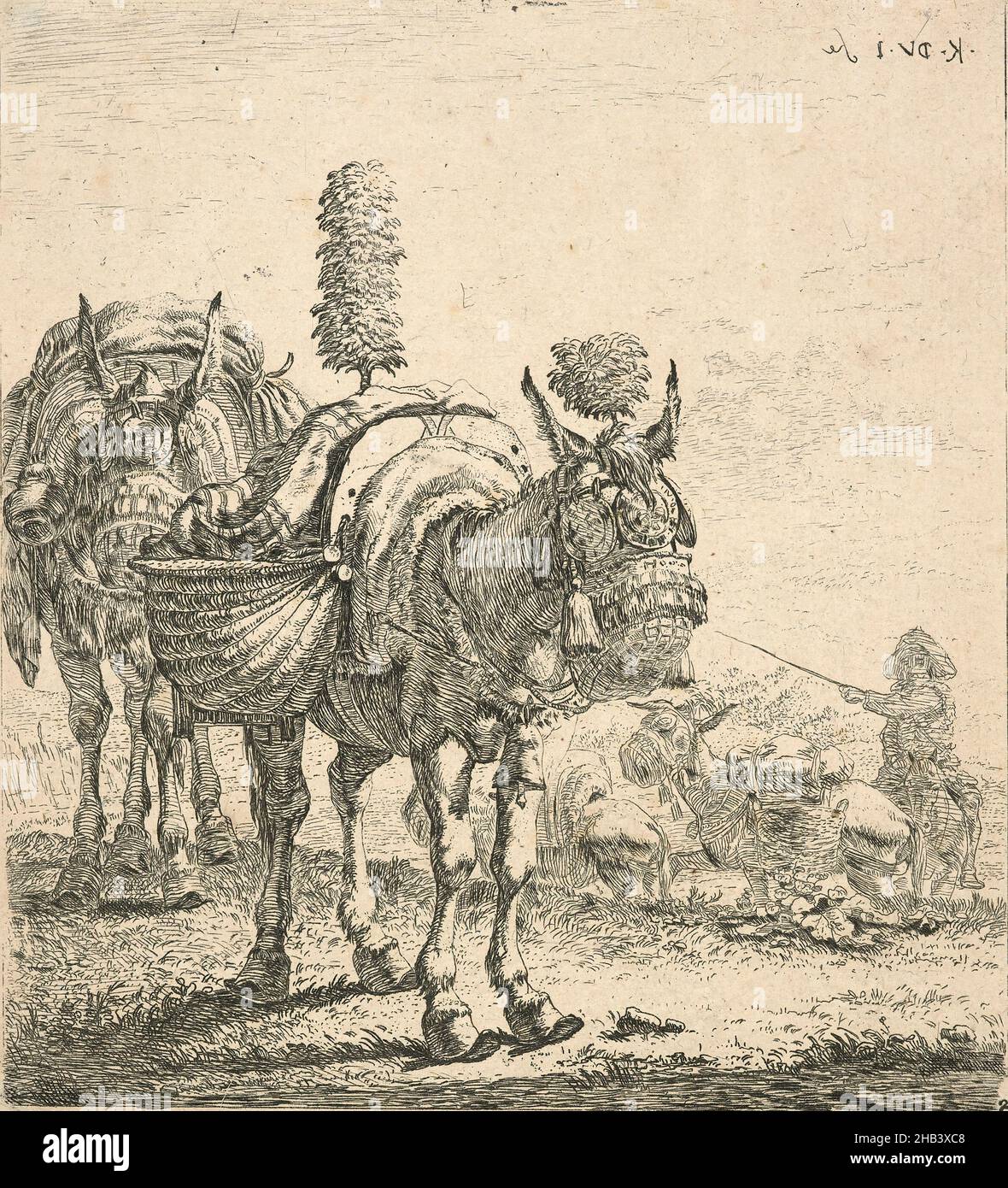 I due muli., Karel Dujardin, artista, 1641-1678, incisione, Karel Dujardin (1622 – 1678) è stato un pittore e etcher olandese dell'età dell'oro di paesaggi, bestiame, scene di genere, ritratti e soggetti religiosi. Era figlio del pittore Guilliam Dujardin (n. 1597). Chi ha insegnato Dujardin è sconosciuto, forse Nicolaes Berchem (1620-1683) o Paulus Potter (1625-1654), come l'influenza di entrambi i pittori è visibile nella sua opera. Oltre ai suoi paesaggi italiani, Dujardin dipinse anche ritratti e scene storiche in uno stile classico, lisci, eleganti e colorati Foto Stock I due muli., Karel Dujardin, artista, 1641-1678, incisione, Karel Dujardin (1622 – 1678) è stato un pittore e etcher olandese dell'età dell'oro di paesaggi, bestiame, scene di genere, ritratti e soggetti religiosi. Era figlio del pittore Guilliam Dujardin (n. 1597). Chi ha insegnato Dujardin è sconosciuto, forse Nicolaes Berchem (1620-1683) o Paulus Potter (1625-1654), come l'influenza di entrambi i pittori è visibile nella sua opera. Oltre ai suoi paesaggi italiani, Dujardin dipinse anche ritratti e scene storiche in uno stile classico, lisci, eleganti e colorati Foto Stock