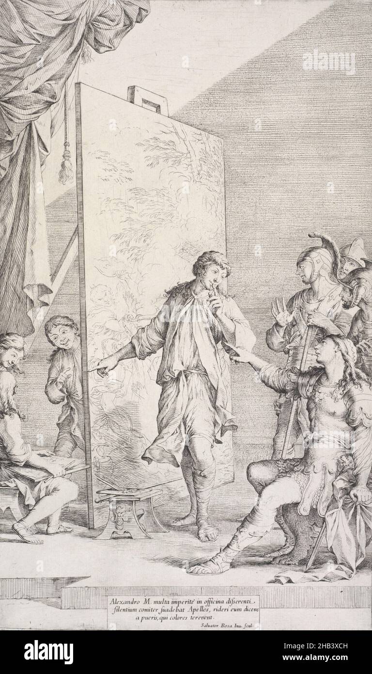 Alexander nello studio di Abelles, Salvator Rosa, printmaker, circa 1662, Roma, Acquaforte, anche se famosa e influente come pittore di paesaggi infestanti e aspre che lo fanno considerare come un 'romantico' quasi 200 anni prima del suo tempo, Salvator Rosa era anche un importante etcher. Si tratta di un argomento ambizioso per un attacco e altrettanto appropriato come un più ampio dipinto di "genere storico". Come la sua 'altra metà', Alexander e Diogenes, si riferisce ad episodi nella vita di Alessandro il Grande. Questa stampa lo mostra nello studio di Abelles Foto Stock