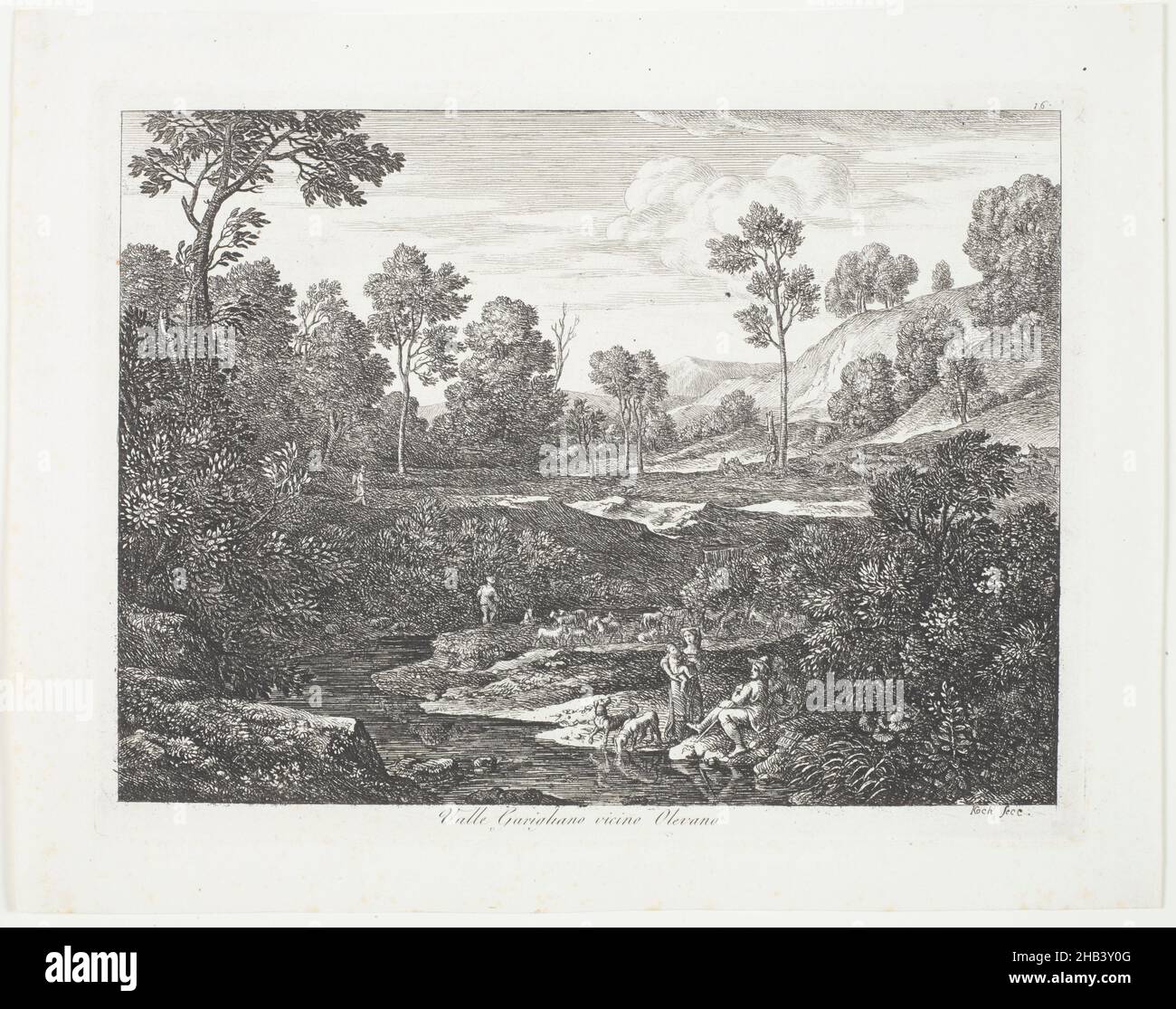 Die Römischen Ansichten (vista di Roma)/ Valle Garigliano vicino Olevano., Joseph Koch, artista, 1810, Italia, Etching, Joseph Anton Koch (1768–1839) fu un pittore austriaco del Neoclassico e successivamente dei movimenti romantici tedeschi. È probabilmente il pittore di paesaggio neoclassico più significativo. Koch fu influenzato dallo stile di Nicolas Poussin (1594-1665), che cercò di rivivere, informato dalla sua visione. Koch apparteneva ad una generazione di artisti che utilizzavano immagini empiriche della natura in composizioni idealizzate, e così facendo romanticizzava la natura. Si allenò presso la Hohe Karlsschule Foto Stock