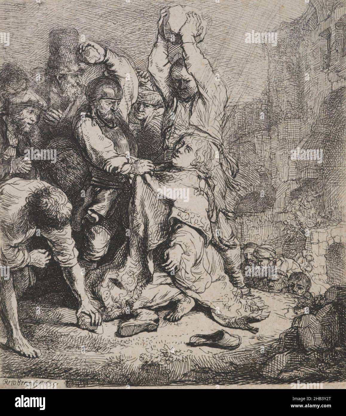 La lapidazione di Santo Stefano, Rembrandt van Rijn, artista, 1635, Paesi Bassi, acquaforte Foto Stock