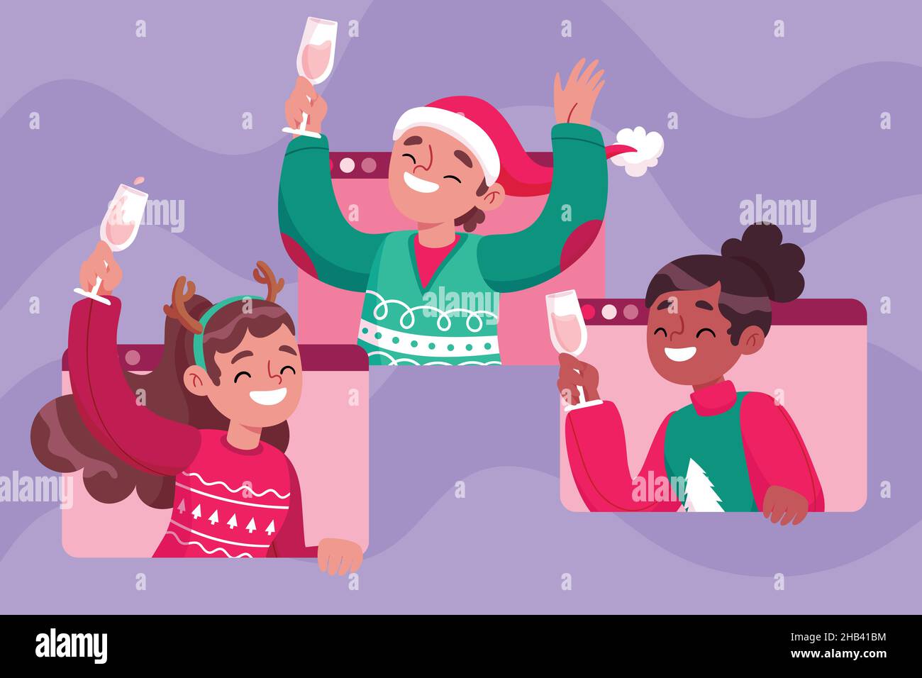 la gente festeggia l'illustrazione di disegno vettoriale della videochiamata di natale Illustrazione Vettoriale