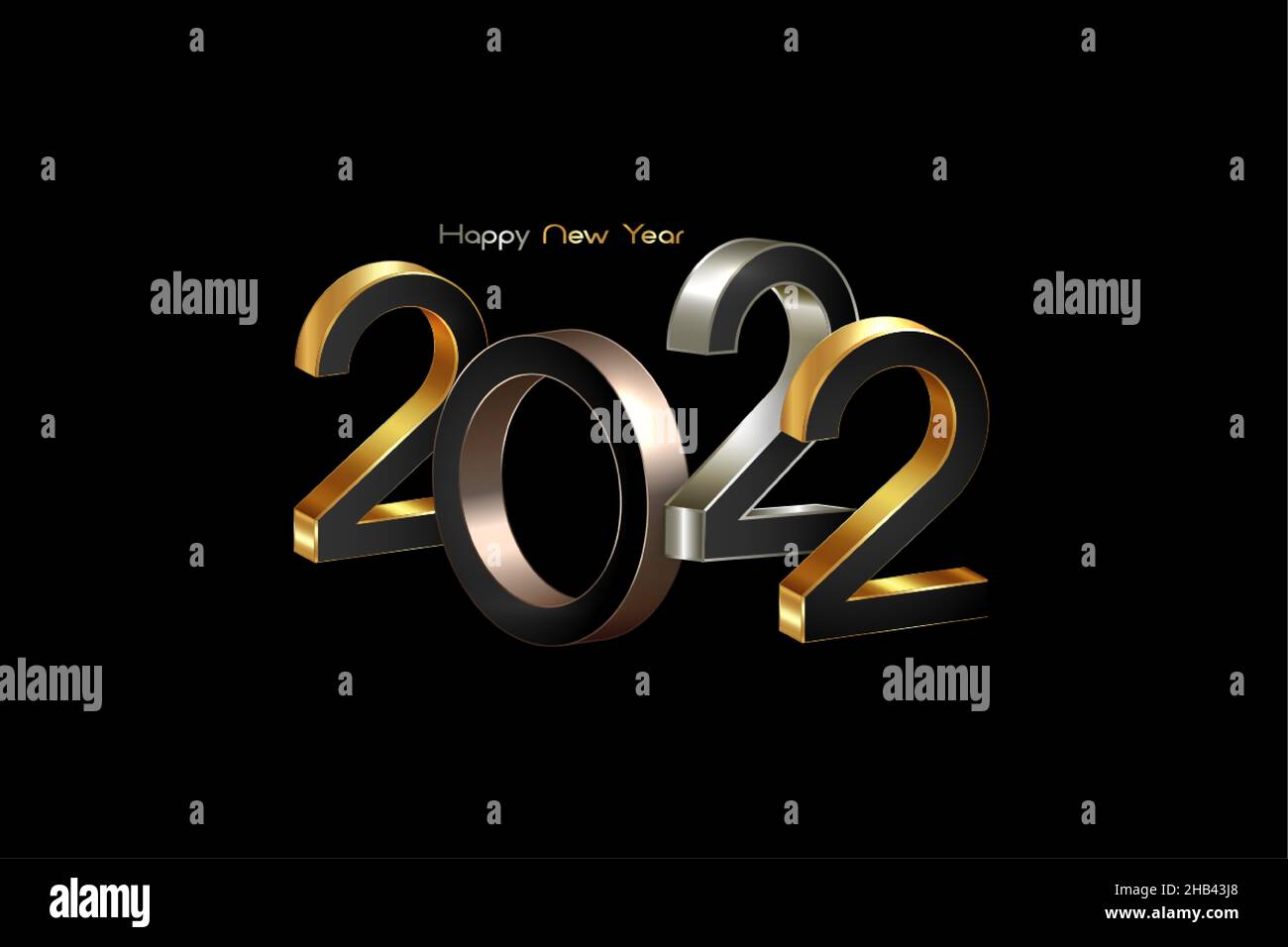 2022 lettere dorate, bronzee e argentate. Logo 3D di Capodanno per il biglietto di auguri per le feste. Illustrazione vettoriale isolato su sfondo nero, modo EVE Illustrazione Vettoriale