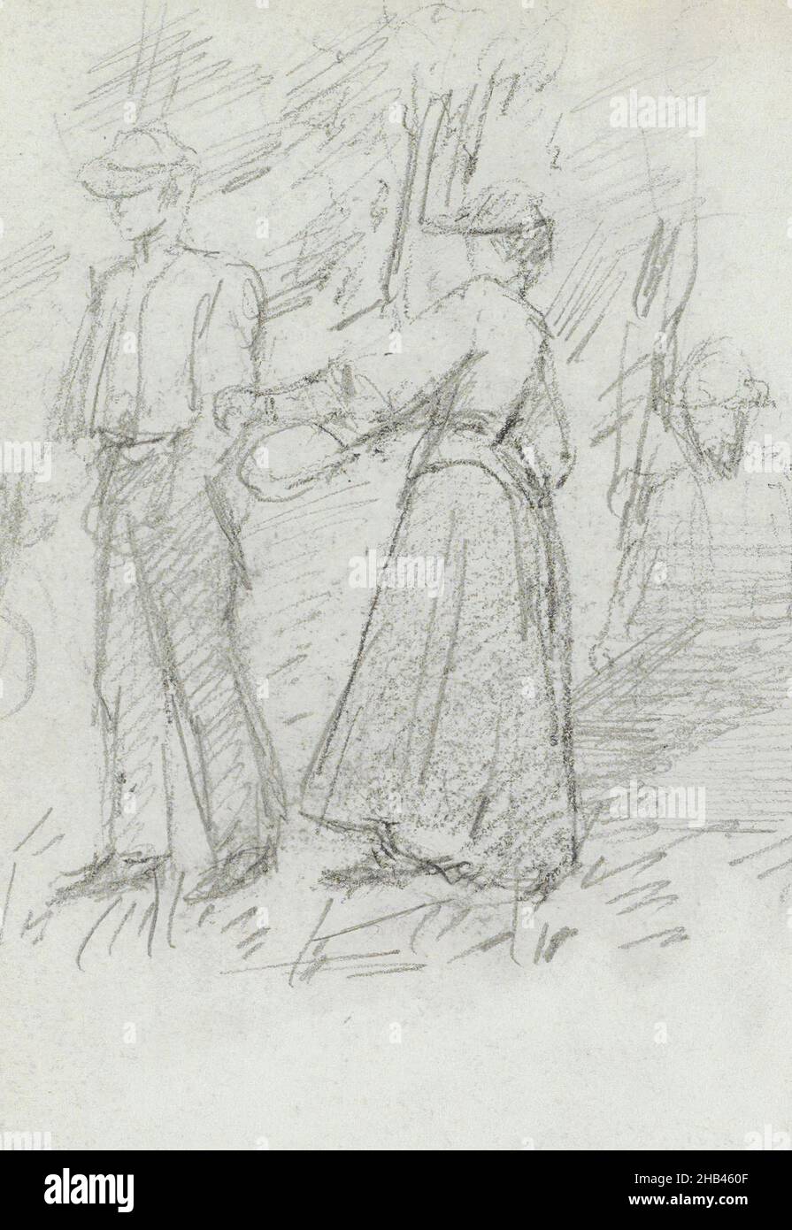 Foglio 7 recto da una copertina di un libro di schizzo con 7 fogli sciolti, uomo e due donne su un percorso con alberi, Jozef Israëls, 1834 - 1911 Foto Stock