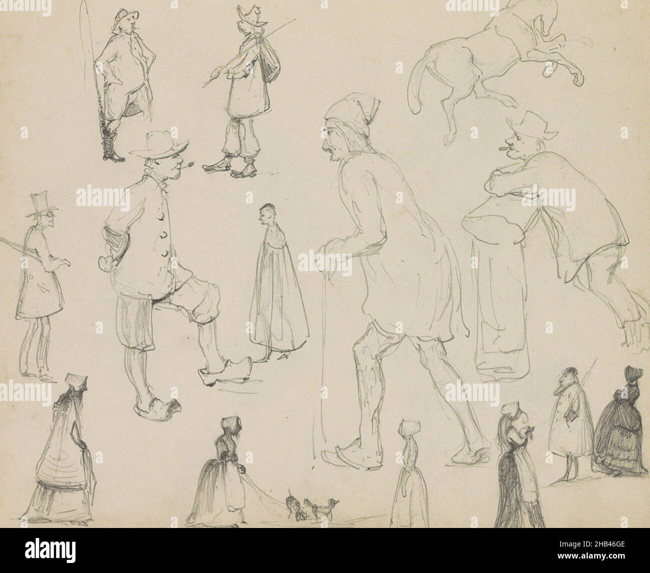 Tra gli altri una donna con cani guinzagliati e un uomo con ombrello e cappello. Foglio 58 recto da un libro di disegno di 87 pagine, studi di cavalli e figure., Johannes Twenraat, 1841 - 1853 Foto Stock