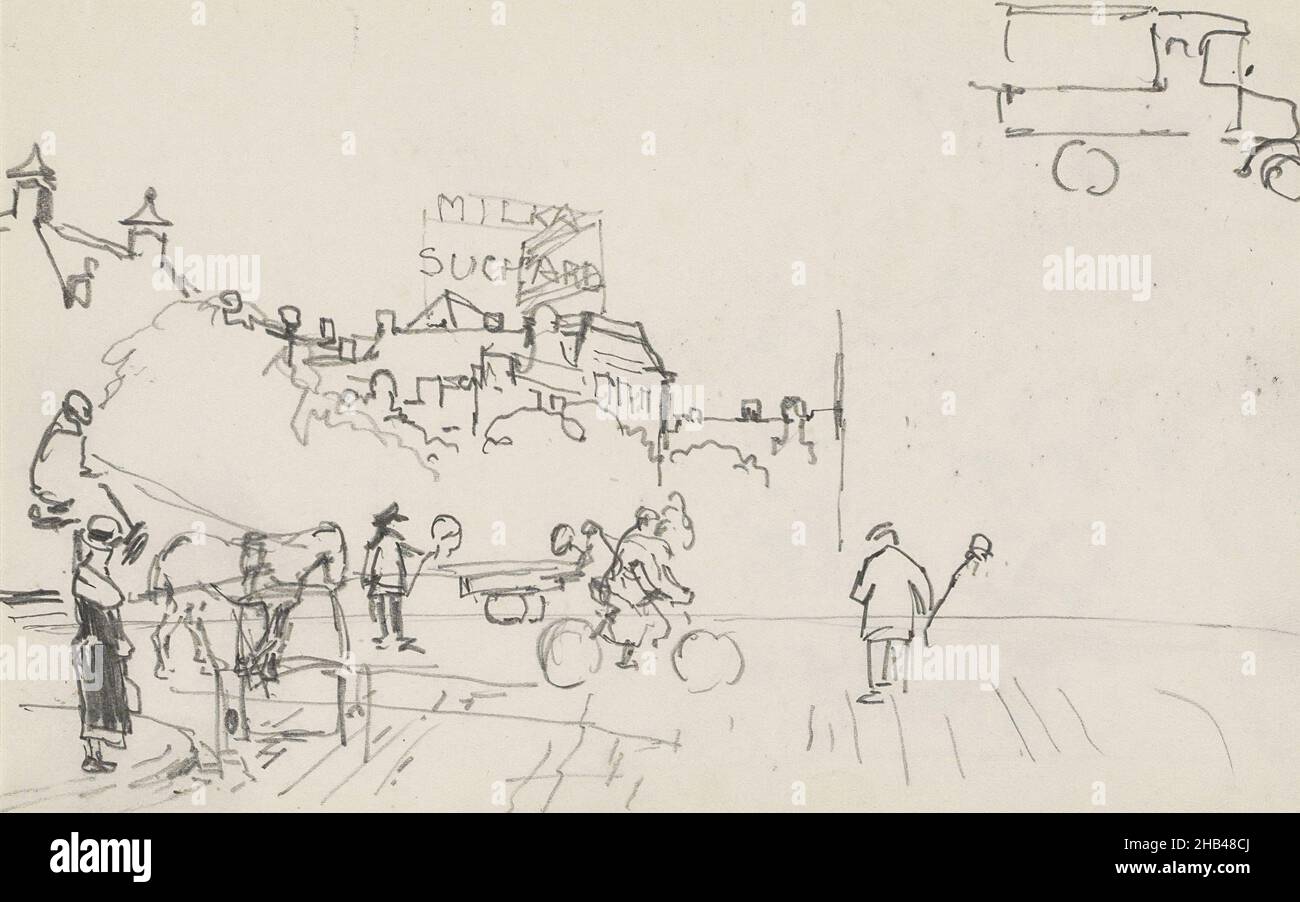 Anche uno studio di un'auto. Foglio 34 recto da un libretto di 41 pagine, Street view con figure e un cartellone., Cornelis Vreedenburgh, 1890 - 1946 Foto Stock