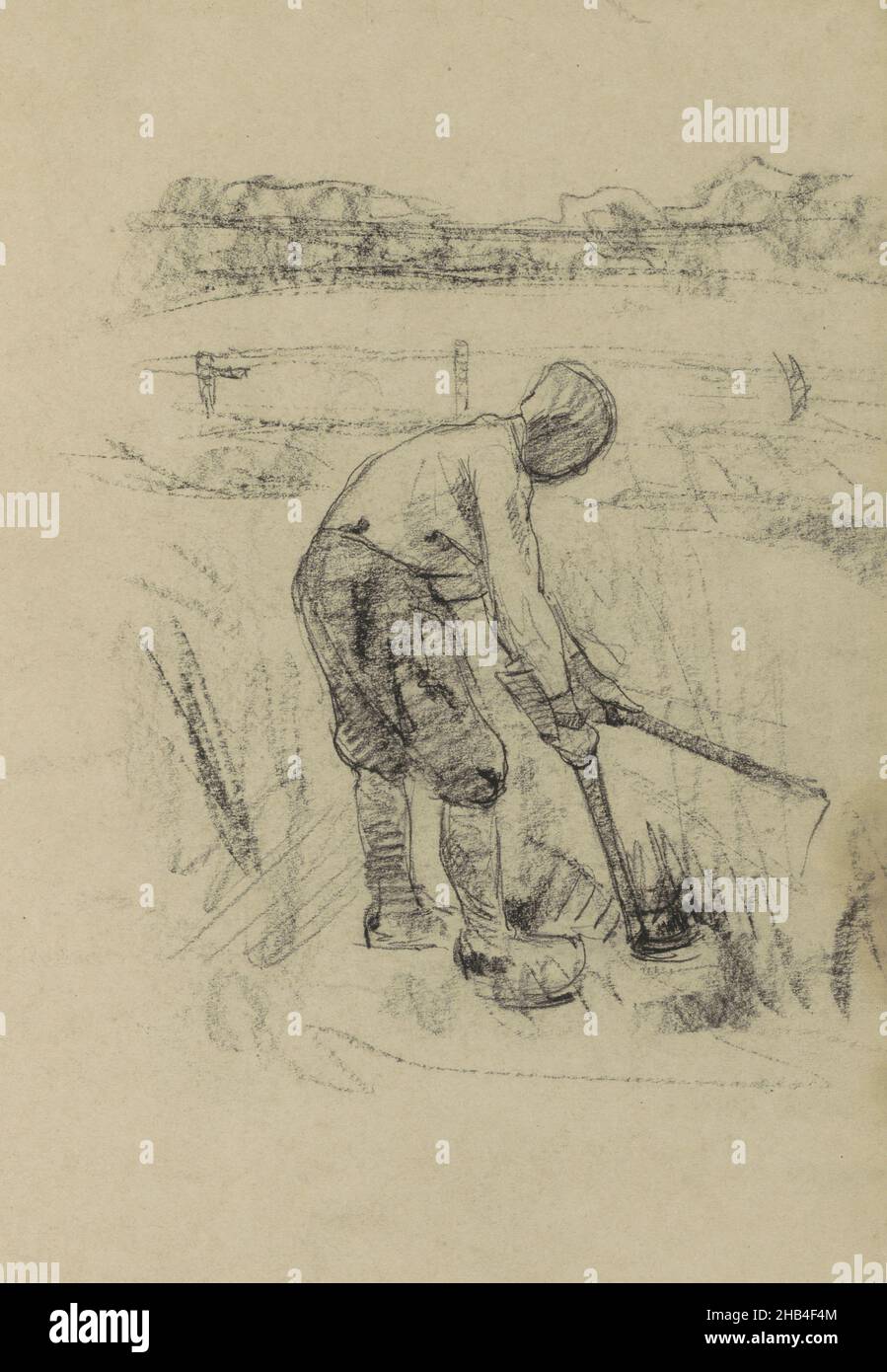Pagina 38 da un libro di schizzo con 42 fogli realizzati intorno all'Ewijkshoeve., contadino al lavoro sul campo, disegnatore: Willem Witsen, Ewijkshoeve, c. 1884 - c. 1887, Willem Witsen, c.. 1884 - c. 1887 Foto Stock