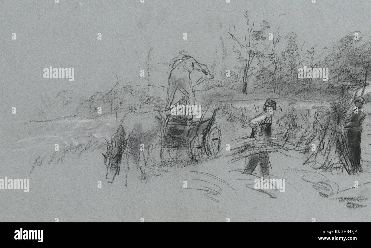 Uno di loro è in piedi su un carrello del cavallo. Pagina 3 da un libro di 38 pagine, uomini al lavoro sulla terra, disegnatore: Willem Witsen, Ewijkshoeve, c.. 1884 - c. 1887, Willem Witsen, c.. 1884 - c. 1887 Foto Stock