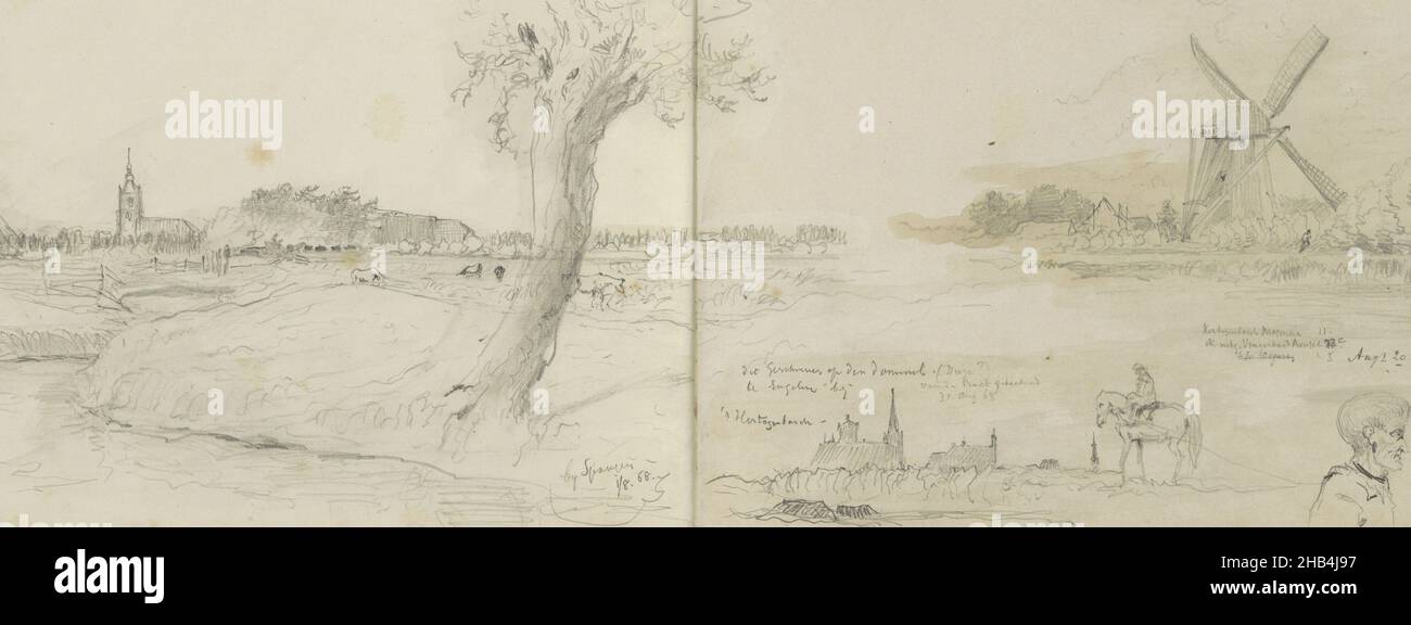Foglio 33 verso e 34 recto da un bozzetto con 57 pagine, Paesaggio a Spangen, vista di Den Bosch e la testa di una mano da fattoria., Johannes Tavenraat, 1868 Foto Stock