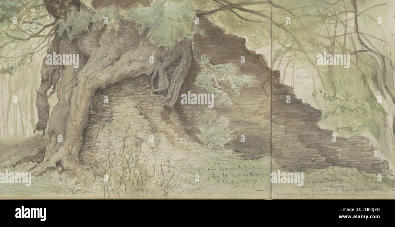 Foglio 32 verso e 33 recto da un libro di schizzo con 57 fogli, albero vicino alla rovina Spangen vicino a Overschie., Johannes Tavenraat, 1868 Foto Stock