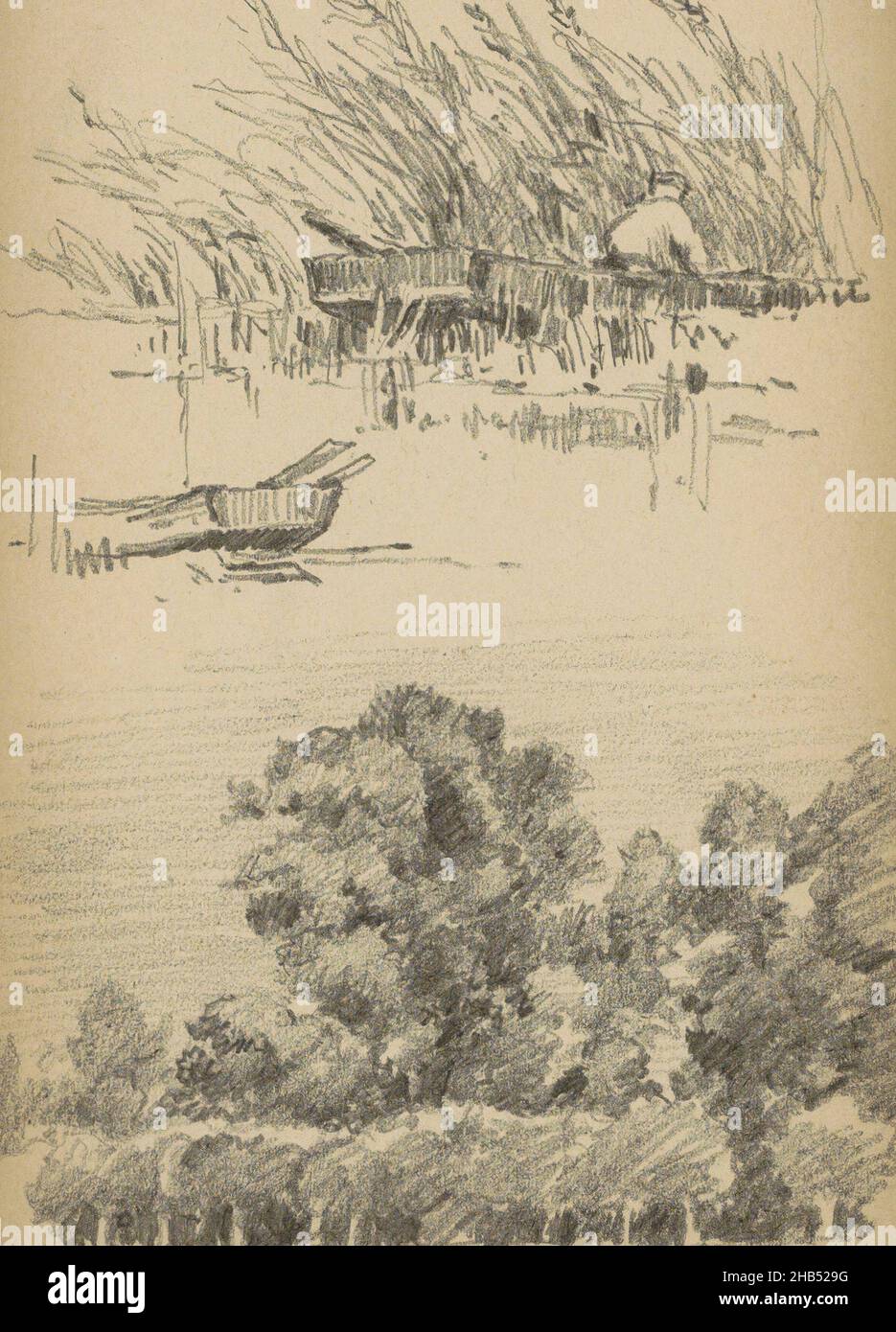 Foglio 18 recto da un libro di schizzo con 34 fogli, uomo seduto su un fronte mare, una barca a remi e un paesaggio con alberi, Alexander Shilling, 1888 Foto Stock