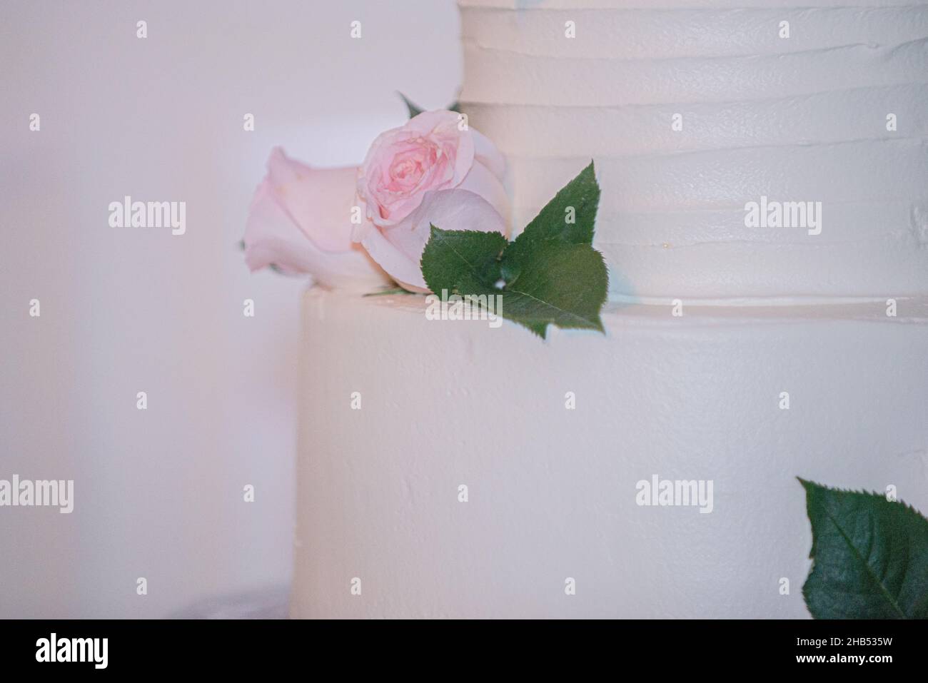 Bella torta nuziale con rose rosa Foto Stock