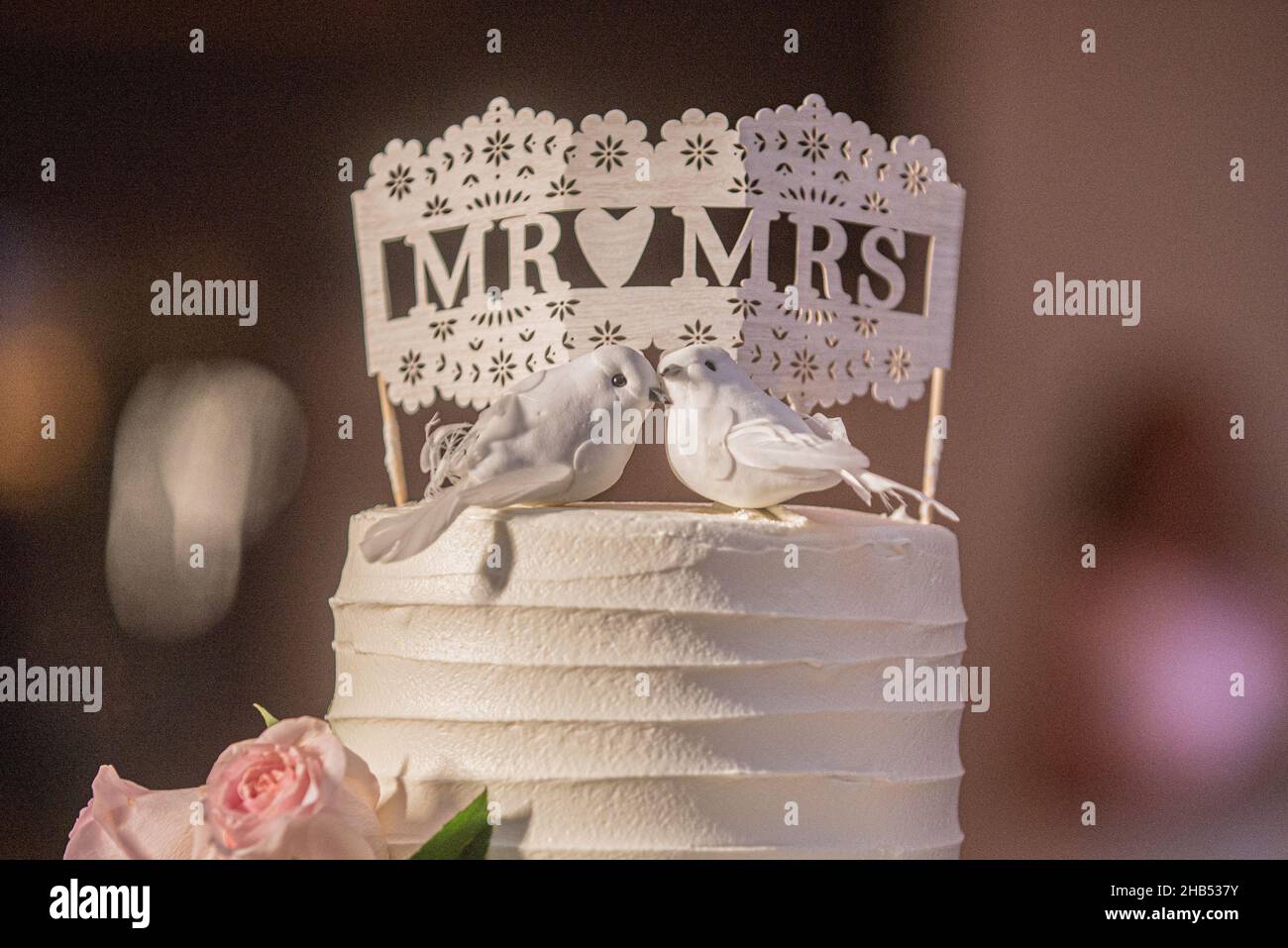 Bella torta di nozze con colombe e me e mrs cake topper Foto Stock