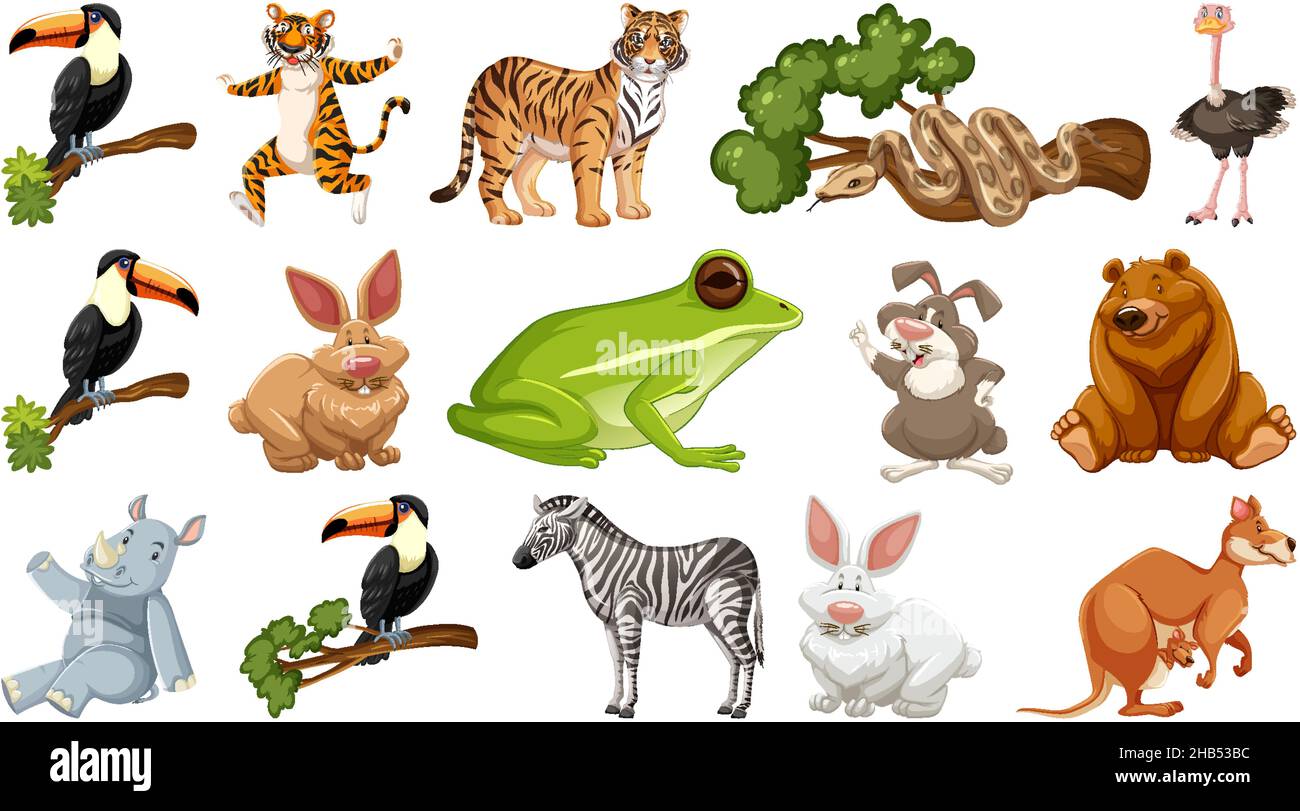 Illustrazione di un set di diversi personaggi cartoni animati di animali selvatici Illustrazione Vettoriale
