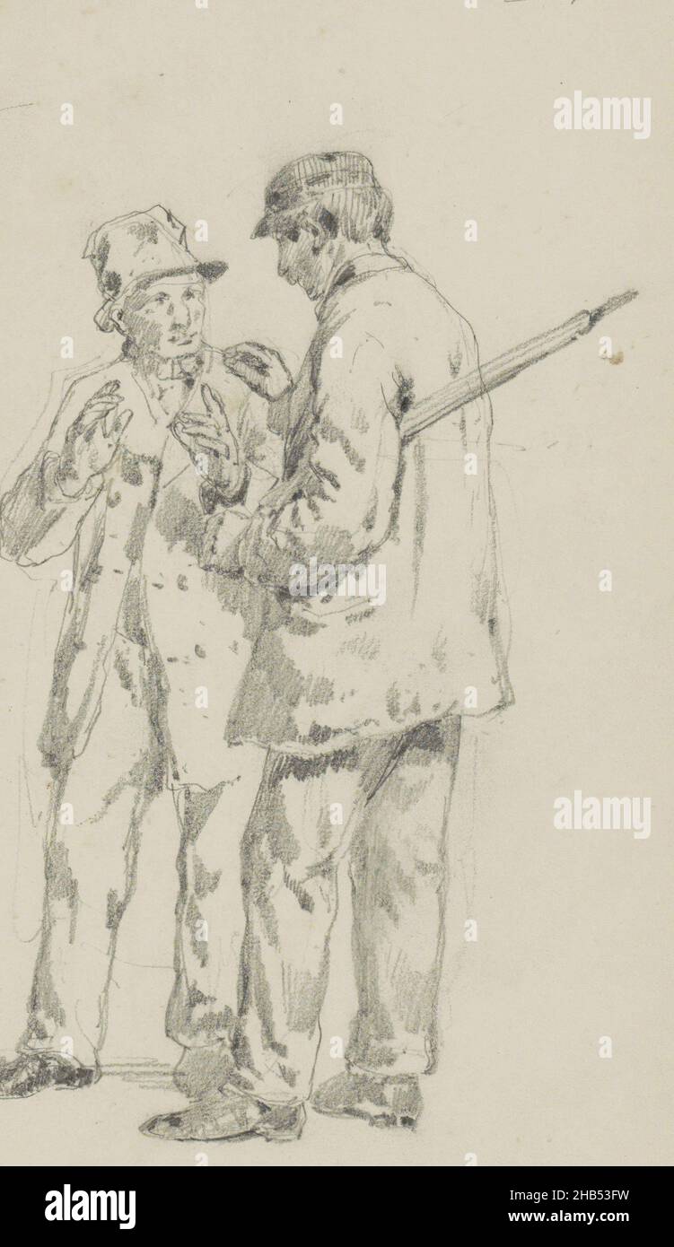 Due uomini che si parlano tra loro. L'uomo di destra ha un ombrello sotto il suo braccio. Foglio 14 verso da un libro di schizzo con 40 fogli, fatto a Woerden e Gouda, due uomini in conversazione tra loro., Cornelis Springer, 1870 Foto Stock