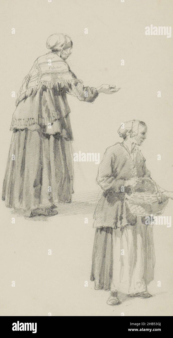 Due donne con braccia distese. La donna superiore indossa una scialle. La donna inferiore ha un cesto in mano. Foglio 24 verso da un libro di schizzo con 40 fogli, fatto in Woerden e Gouda, due donne con un braccio allungato., Cornelis Springer, 1870 Foto Stock