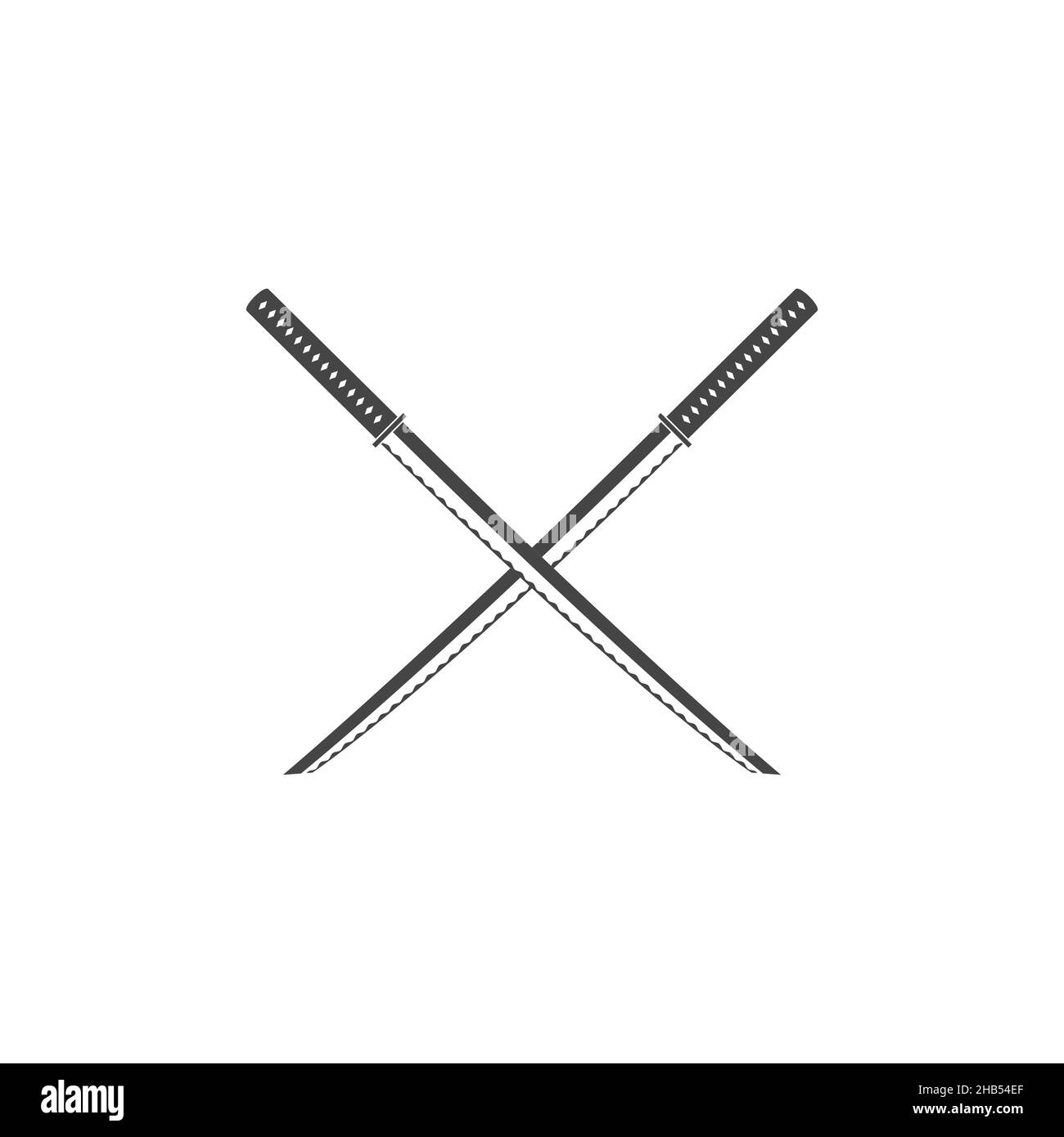 Due samurai attraversati spade isolato vettore emblema. Arma Ninja catana. Illustrazione in bianco e nero. Illustrazione Vettoriale