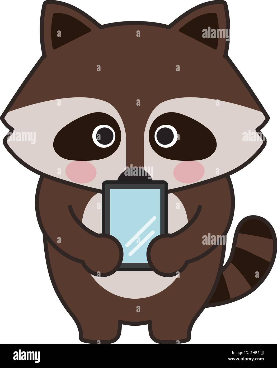Raccoon guardando uno smartphone. Illustrazione vettoriale isolata su sfondo bianco. Illustrazione Vettoriale
