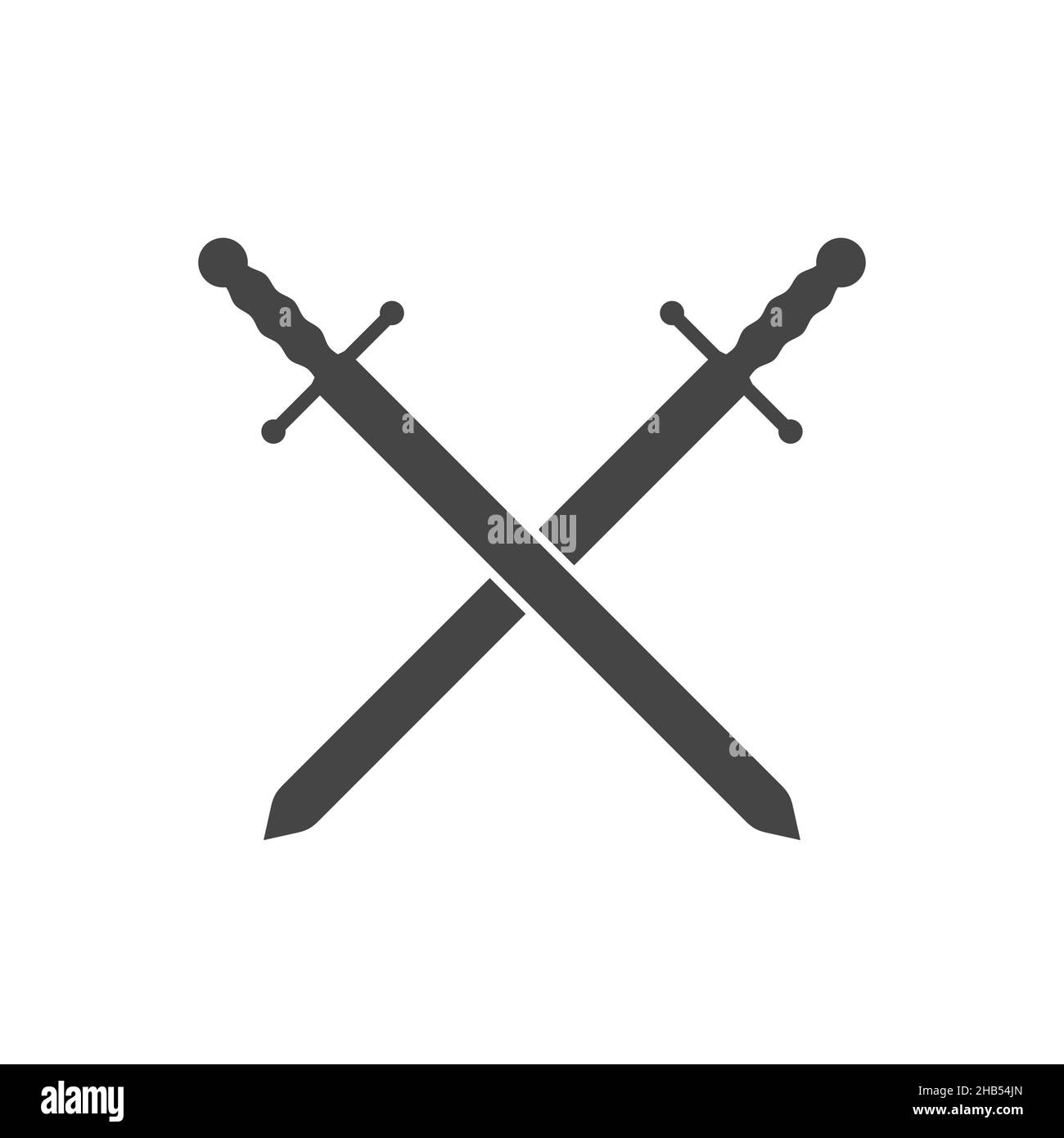 Due cavaliere medievale attraversò spade isolato vettore emblema. Guerra Santa, cartello crociata. Illustrazione in bianco e nero. Illustrazione Vettoriale