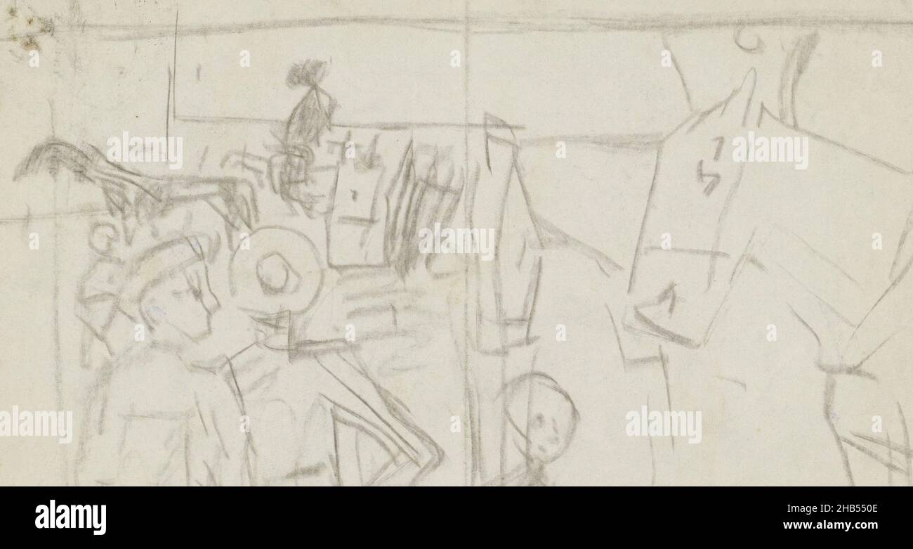 Verso una lettera del segretario G.J. Hofs., figure con cavalli imbrigliati, possibilmente cavalli di strada, disegnatore: George Hendrik Breitner, Amsterdam, 1886 - 1923, h 134 mm x w 206 mm, George Hendrik Breitner, 1886 - 1923 Foto Stock