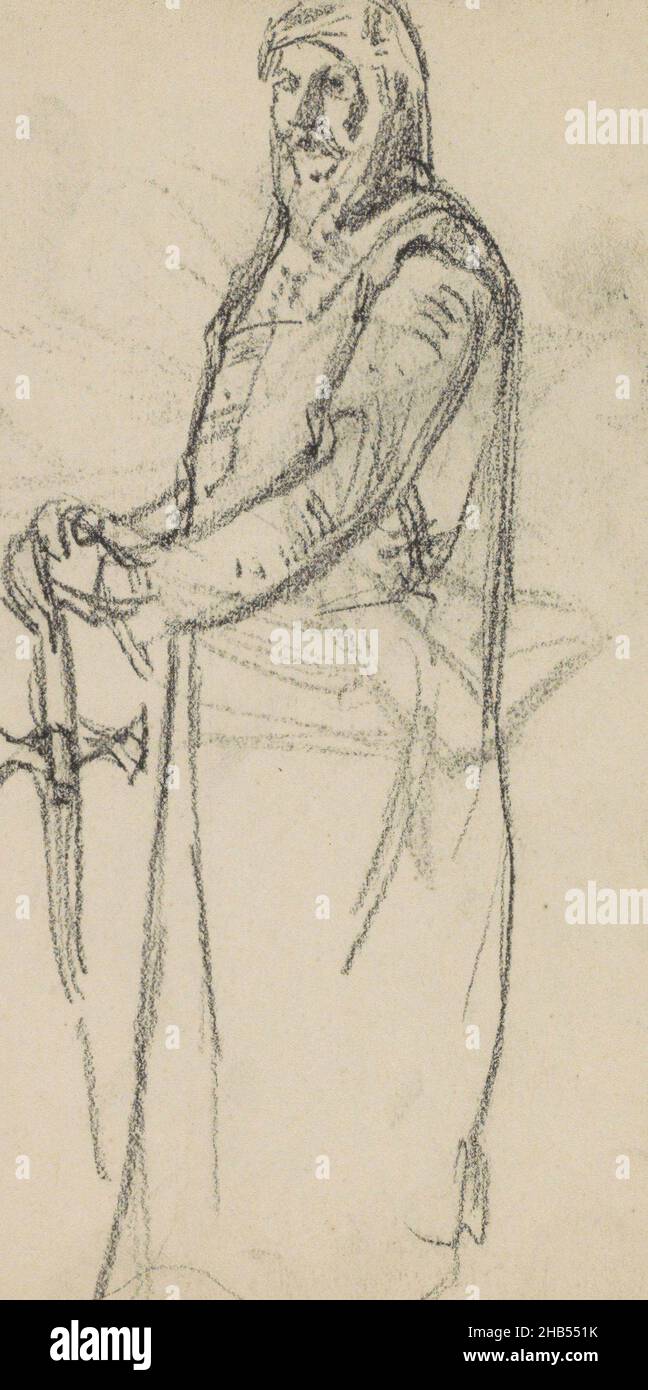 La figura è vista dal lato e disegnata in pieno, porta un cappotto di posta e ha una spada nelle sue mani. Pagina 21 da un libro di 28 pagine, Cavaliere, disegnatore: Marius Bauer, 1879 - c.. 1884, Marius Bauer, 1879 - c.. 1884 Foto Stock