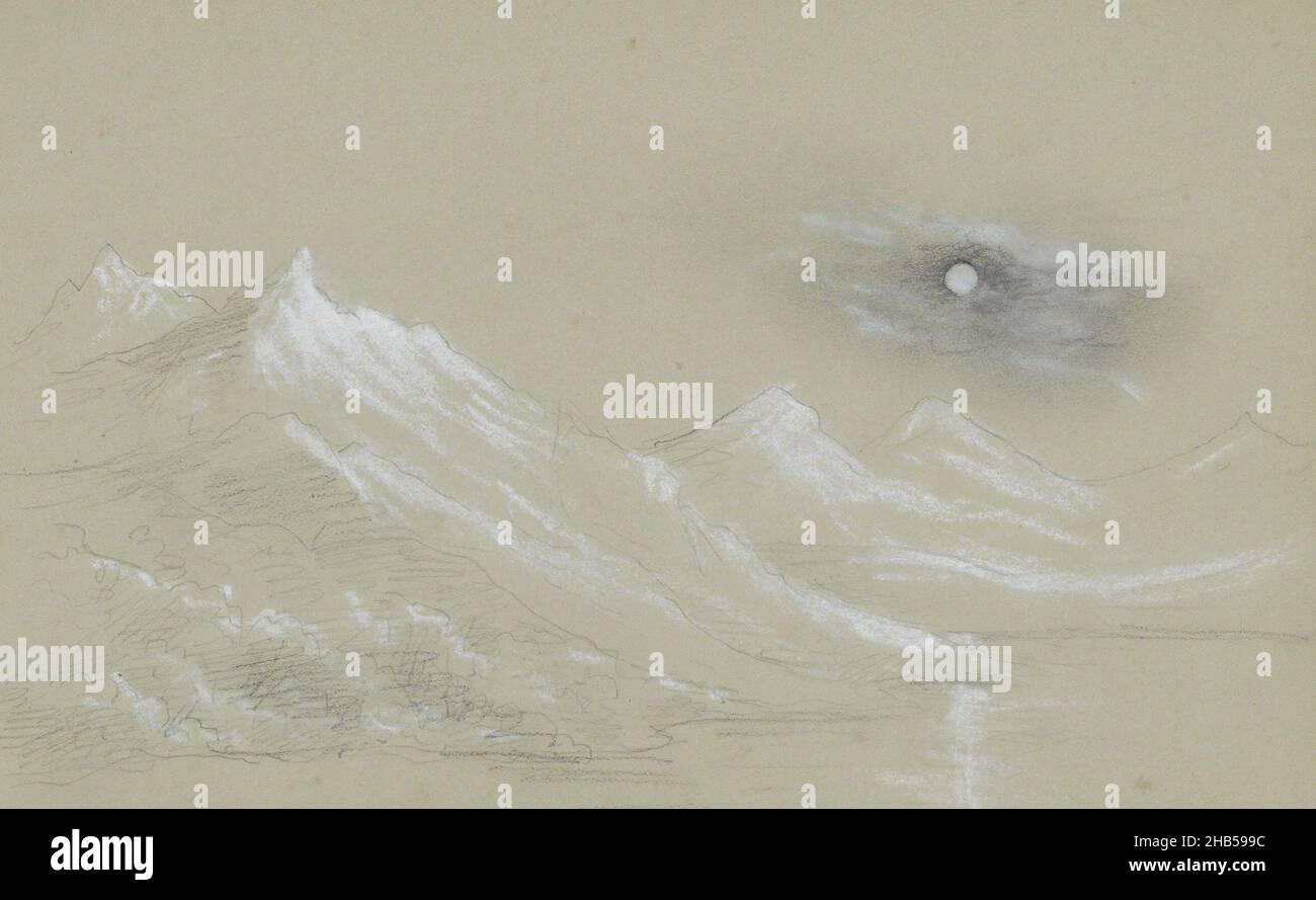 Le montagne sono situate lungo un lago o un fiume. Pagina 55 da un libretto di 34 pagine, Paesaggio con cime innevate., disegnatore: Marius Bauer, dic-1880, Marius Bauer, 1880 Foto Stock