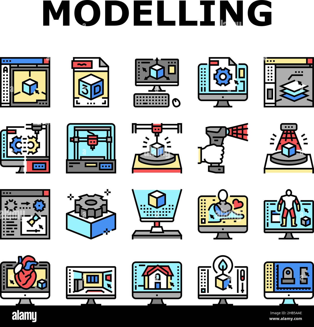 3D Software di modellazione e icone del dispositivo Set Vector Illustrazione Vettoriale