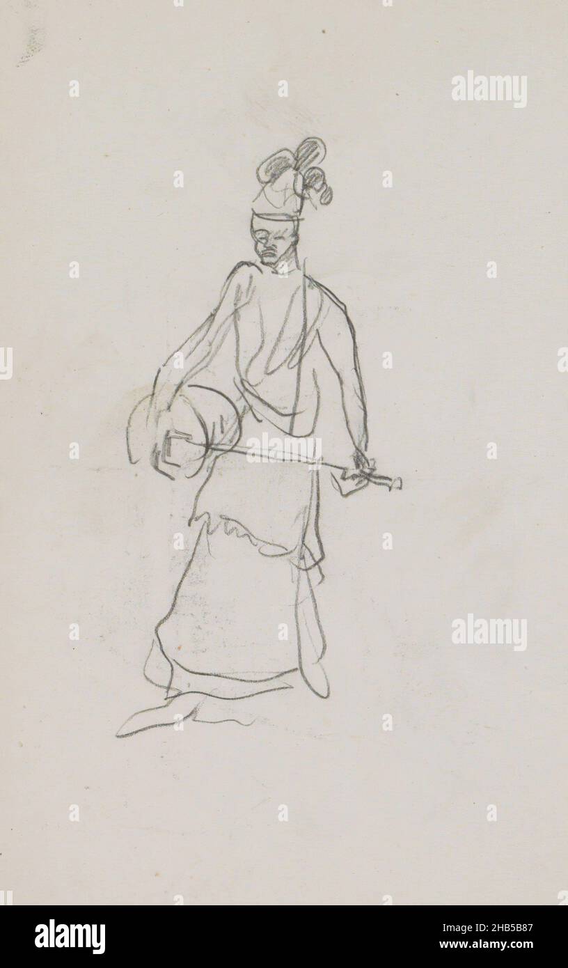 Forse la figura sta giocando un saz. Pagina 60 da un libretto di 53 pagine, figura in piedi con strumento a corde, disegnatore: Marius Bauer, Turkije, (possibilmente), 1896, Marius Bauer, 1896 Foto Stock