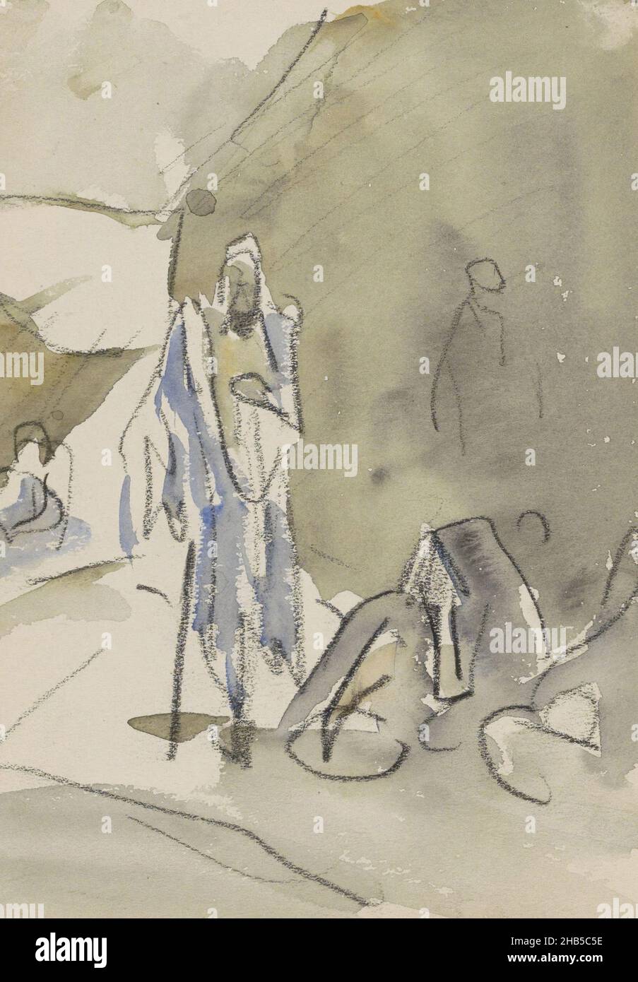 L'uomo cammina su un sentiero lungo il quale alcune figure sono seduti. Pagina 16 da un libro di 28 pagine, egiziano con bastone da passeggio., disegnatore: Marius Bauer, Luxor, 1919, pennello, Marius Bauer, 1919 Foto Stock