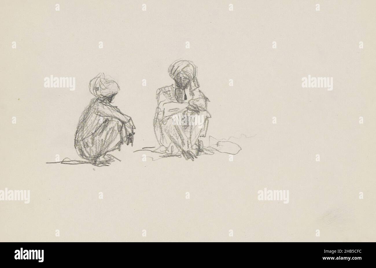 Gli uomini indossano turbanti. Pagina 11 da un libro di 15 pagine., due uomini indiani seduti, disegnatore: Marius Bauer, India, 1925, Marius Bauer, 1925 Foto Stock