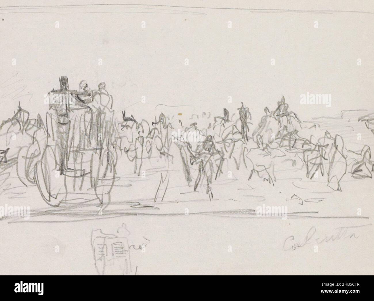 Sulla strada tra gli altri un'auto e una figura con una ciotola sulla sua testa. Anche uno studio di un carro. Pagina 25 da un libro di 75 pagine, Via in Calcutta., disegnatore: Marius Bauer, Calcutta, 1924 - 1925, Marius Bauer, 1924 - 1925 Foto Stock