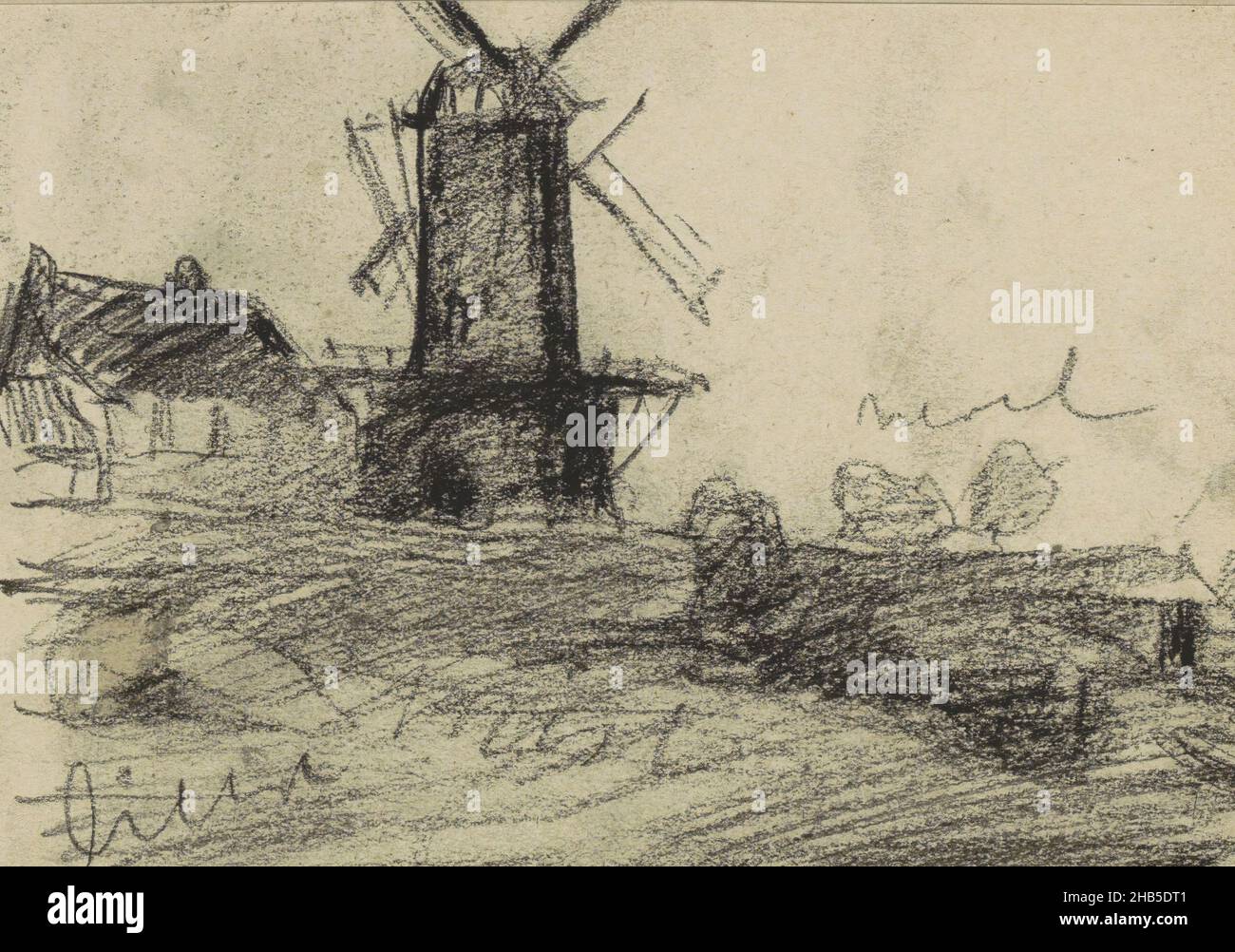 Pagina 44 da un libretto di 25 pagine, Vista del mulino a vento Rijn e Lek a Wijk bij Duurstede., disegnatore: Willem Witsen, Wijk bij Duurstede, 1906 - 1907, Willem Witsen, 1906 - 1907 Foto Stock