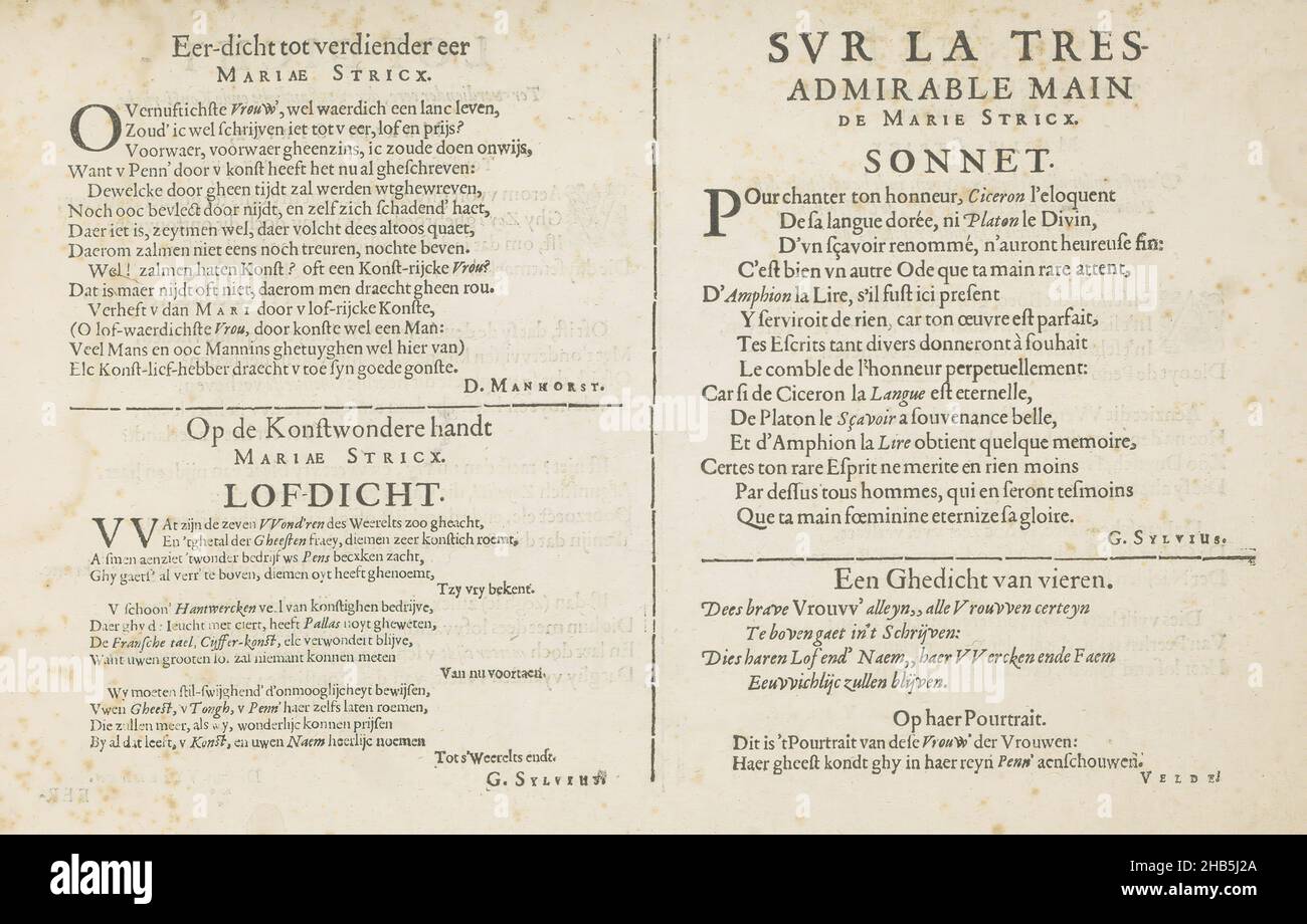 Quattro poesie di soglia, Schat oft voorbeelt ende verthooninge van verscheyden geschriften (...) (Titolo della collana), quattro poesie di soglia di tre autori come introduzione ad una serie di esempi calligrafici di Maria Strick, tre in olandese e uno in francese. Il foglio fa parte di un album Foto Stock