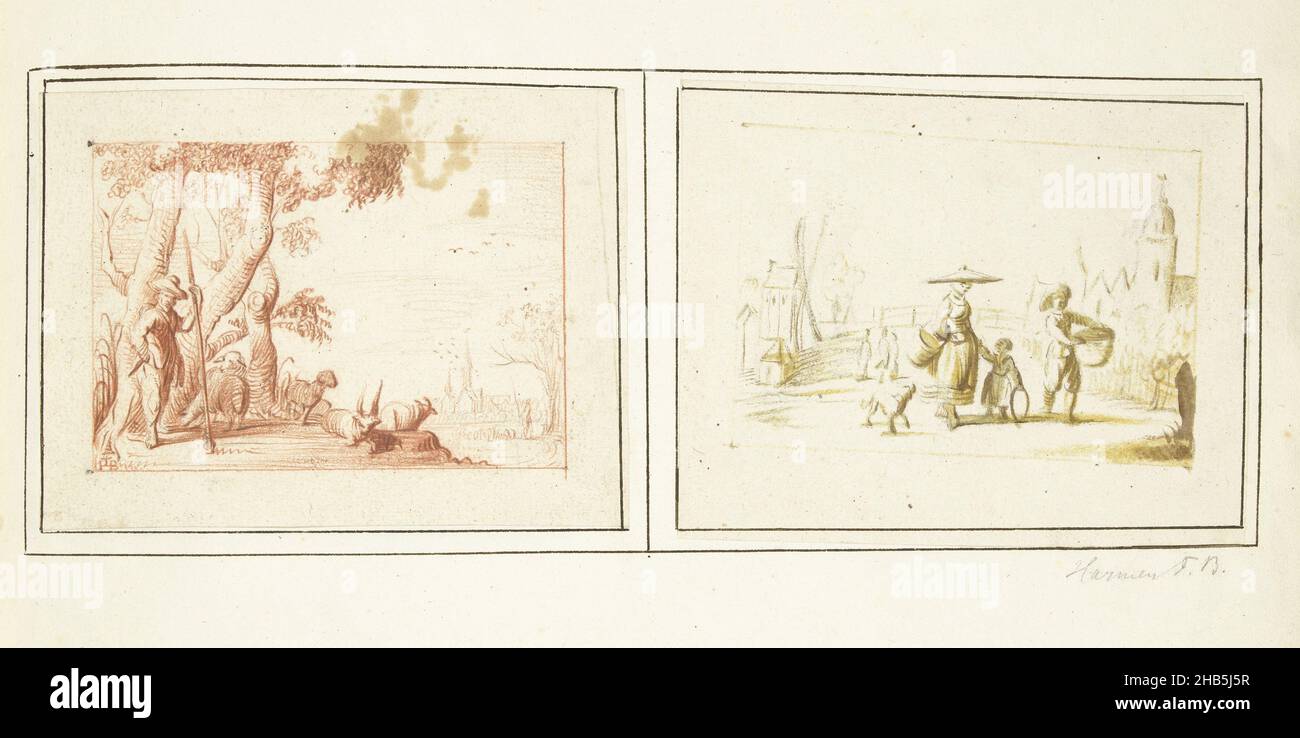 Pastore con il suo bestiame e scena di strada, due disegni di Moses ter Borch incollati fianco a fianco su un foglio., disegnatore: Harmen ter Borch (firmato dall'artista), Zwolle, c. 1651 - c. 1656, carta, inchiostro, spazzola, altezza 243 mm x larghezza 360 mm Foto Stock