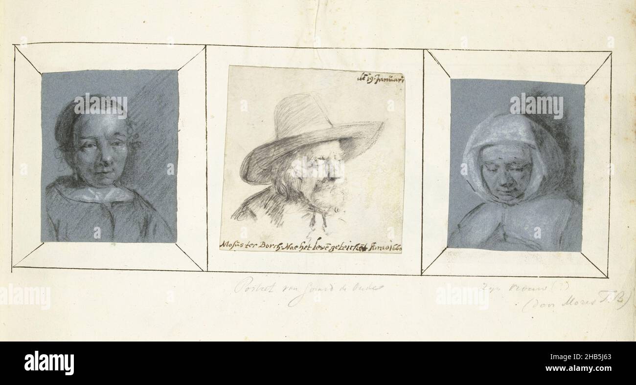 Due teste di donna e un ritratto di Gerard ter Borch il Vecchio, tre disegni di Moses ter Borch incollati insieme su un foglio., disegnatore: Moses ter Borch (menzionato sull'oggetto), Zwolle, c. 1660, carta, pergamena (materiale animale), altezza 243 mm x larghezza 360 mm Foto Stock