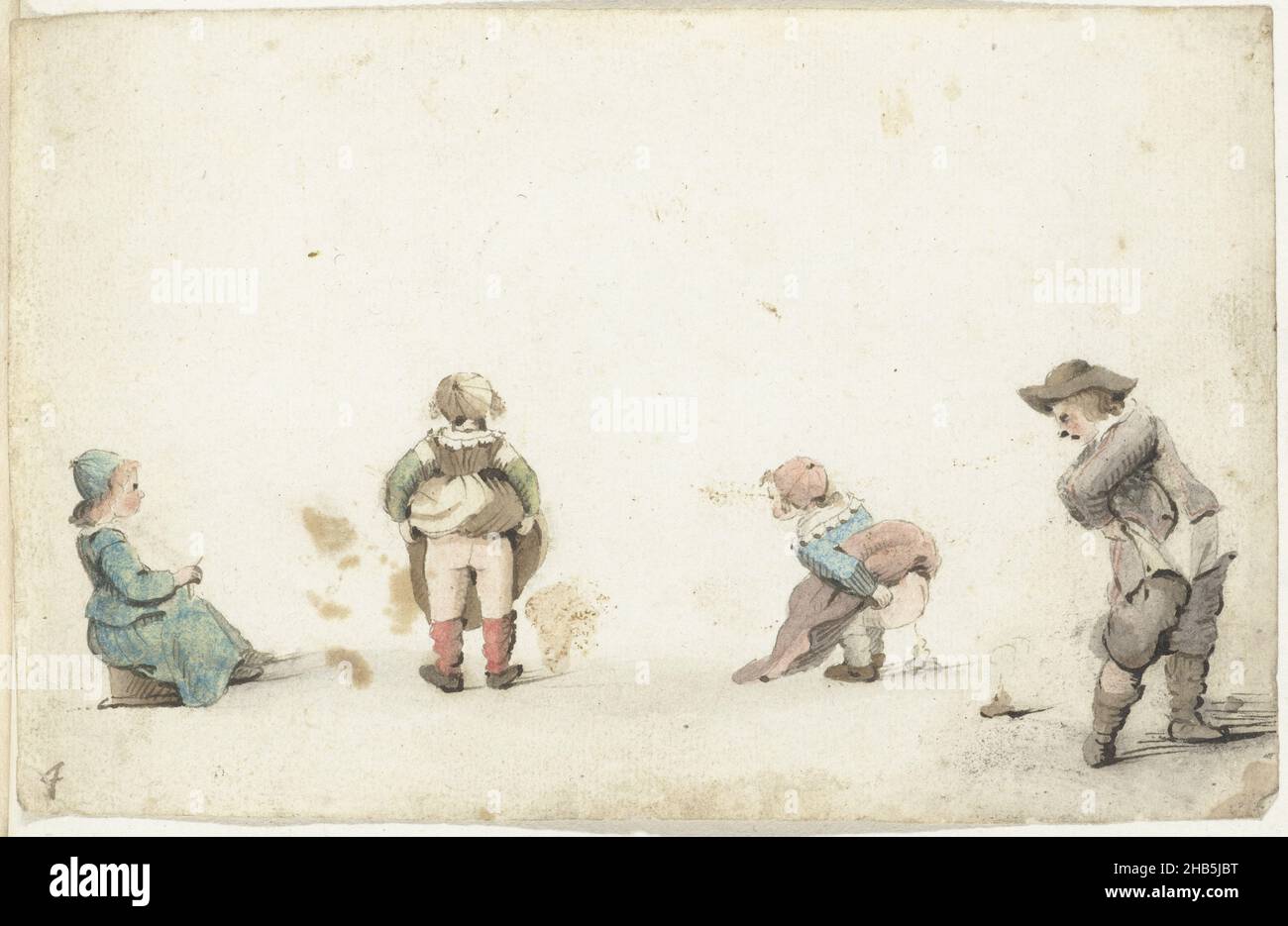 Quattro bambini che si adornano della loro attività, disegnatrice: Gesina ter Borch, Zwolle, 1649 - 1650, carta, pennello, altezza 104 mm x larghezza 163 mm Foto Stock