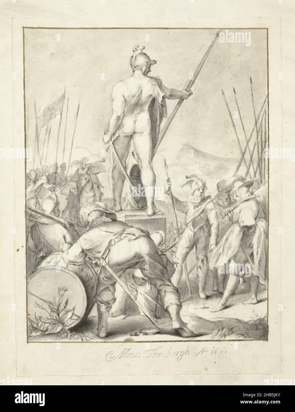 Marte, dio delle arti della guerra, disegnatore: Moses ter Borch (firmato dall'artista), Jan Saenredam, Zwolle, 1660, carta, gesso, spazzola, altezza 243 mm x larghezza 360 mm Foto Stock