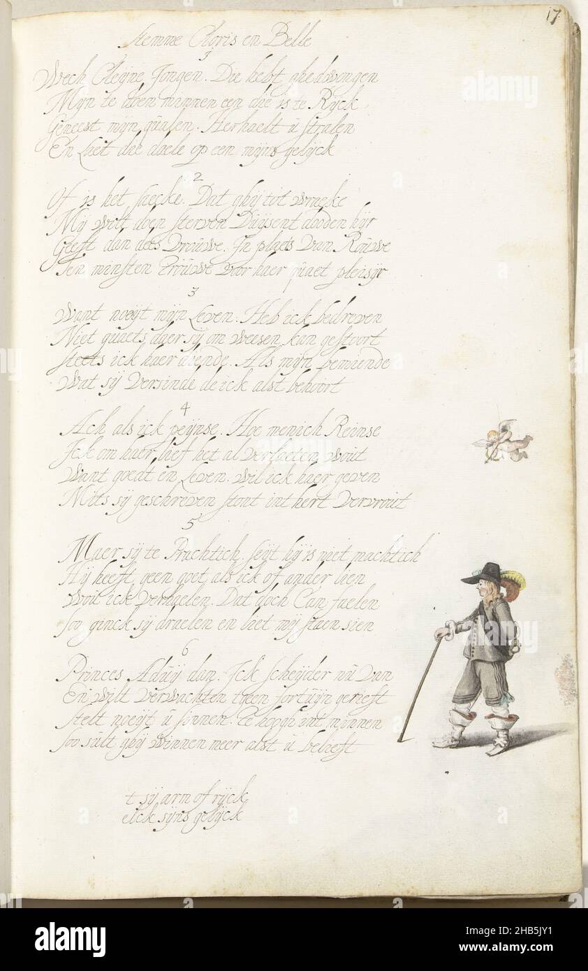 Signore e Cupido, disegno di un Signore al quale Cupido ha puntato la sua freccia, accanto ad un lamento d'amore su un Signore che si è innamorato di qualcuno al di sopra della sua stazione; per la sintonia di Cloris e Belle., disegnatrice: Gesina ter Borch, Gesina ter Borch, Zwolle, c.. 1652 - c. 1653, carta, spazzola, altezza 313 mm x larghezza 204 mm Foto Stock