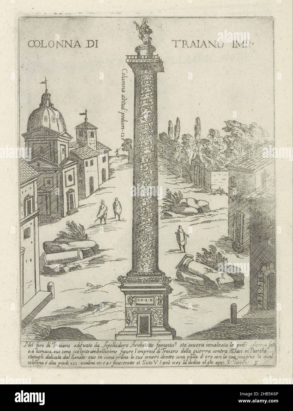 Colonna di Traiano a Roma, colonna di Traiano imp. (Titolo sull'oggetto), monumenti ed edifici moderni ed antichi di Roma (titolo della serie), Ornamenti di produttori antichi et moderni dell'alma citta di Roma (titolo della serie), Vista del Foro di Traiano a Roma, con la colonna di Traiano. Testo in italiano nel margine inferiore. La stampa fa parte di un album., stampatore: Giovanni Maggi, disegnatore intermedio: Giovanni Maggi, stampatore: Roma, disegnatore intermedio: Roma, editore: Italia, Vaticano, Italia, Roma, 1576 - 1618 e/o 1600, carta, incisione, altezza 213 mm x larghezza 156 mm Foto Stock