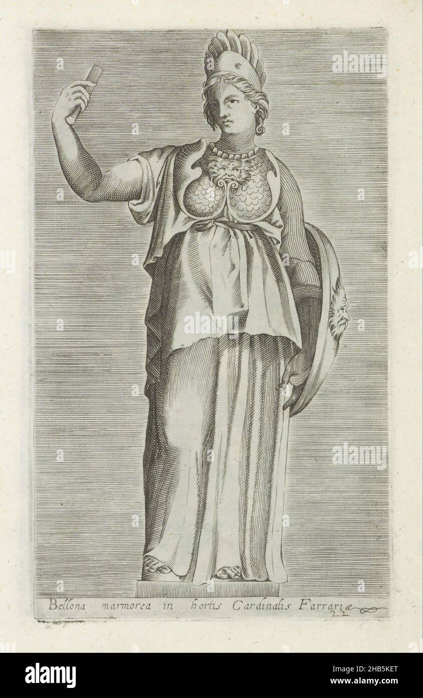 Scultura di Bellona, Bellona marmorea in hortis cardinalis Farrariae (titolo sull'oggetto), sculture antiche a Roma (titolo della serie), Antiquarum statuarum urbis Romae quae in publicis locis visuntur icones (titolo della serie), Caption in latino. Print fa parte di un album., print maker: anonymous, editore: Andrea Vaccari, print maker: Italy, editore: Rome, 1584, carta, incisione, altezza 222 mm x larghezza 134 mm Foto Stock