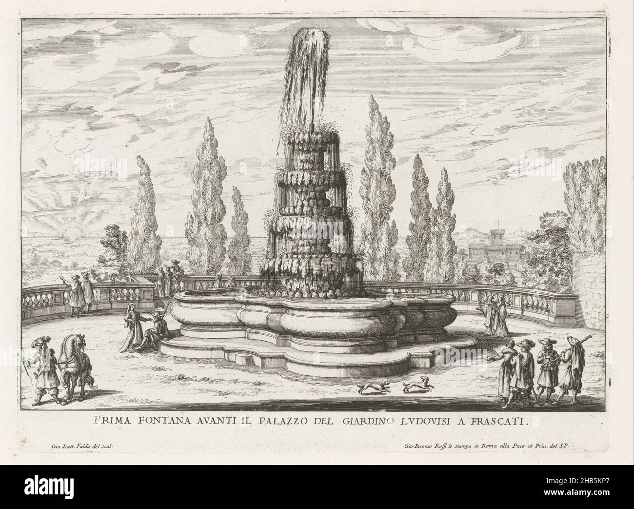Fontana nei giardini di Villa Torlonia a Frascati, prima fontana avanti il Palazzo del Giardino Ludovisi a Frascati (titolo in oggetto), Fontane delle ville di Frascati (titolo della collana), Fontane di Frascati (titolo della collana), la stampa fa parte di un album., tipografo: Giovanni Battista Falda (citato in oggetto), Giovanni Battista Falda (citato in oggetto), tipografo: Italia, Italia, editore: Roma, Vaticano, 1653 - 1691, carta, incisione, altezza 214 mm x larghezza 286 mm Foto Stock