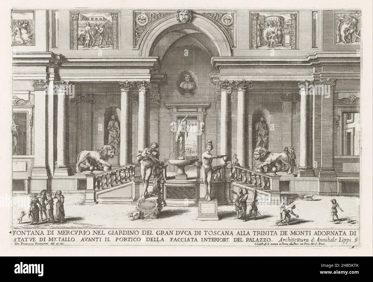 Loggia e giardino di Villa Medici a Roma, Fontana di Mercurio nel giardino del gran duca di Toscana alla Trinita de Monti (...) (Titolo sull'oggetto), le fontane ne palazzi e ne giardini di Roma (titolo della serie), Fontane nei palazzi e giardini di Roma (titolo della serie), nella loggia una fontana con scultura di Mercurio di Giambologna e i due leoni Medici. In primo piano una scultura di Sileno con il giovane Bacco e una scultura di Venere. Numerato in basso a destra: 9. La stampa fa parte di un album., tipografo: Giovanni Francesco Venturini (citato in oggetto), Giovanni Francesco Foto Stock