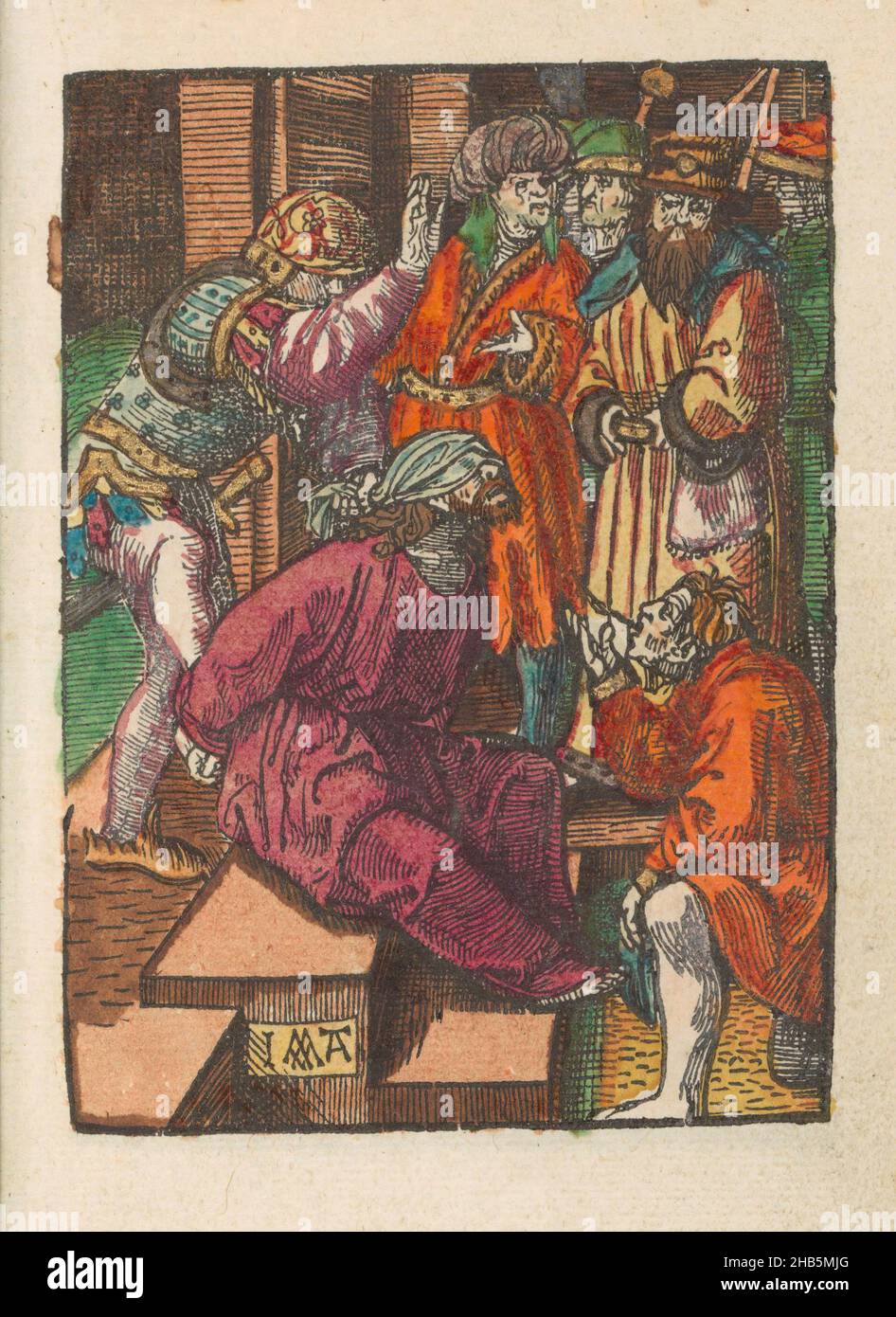 Beffa, la Passione piccola (titolo della serie), la Passione stupida (titolo della serie), Cristo siede accecato e con le sue mani legate a terra. Un uomo lo batte, un altro gli sputò in faccia. La stampa fa parte di un libro., tipografia: Jacob Cornelisz van Oostsanen (menzionato sull'oggetto), editore: Doen Pietersz., Amsterdam, 1520 - 1521 e/o c.. 1530, carta, altezza 111 mm x larghezza 80 mm altezza 159 mm x larghezza 102 mm Foto Stock